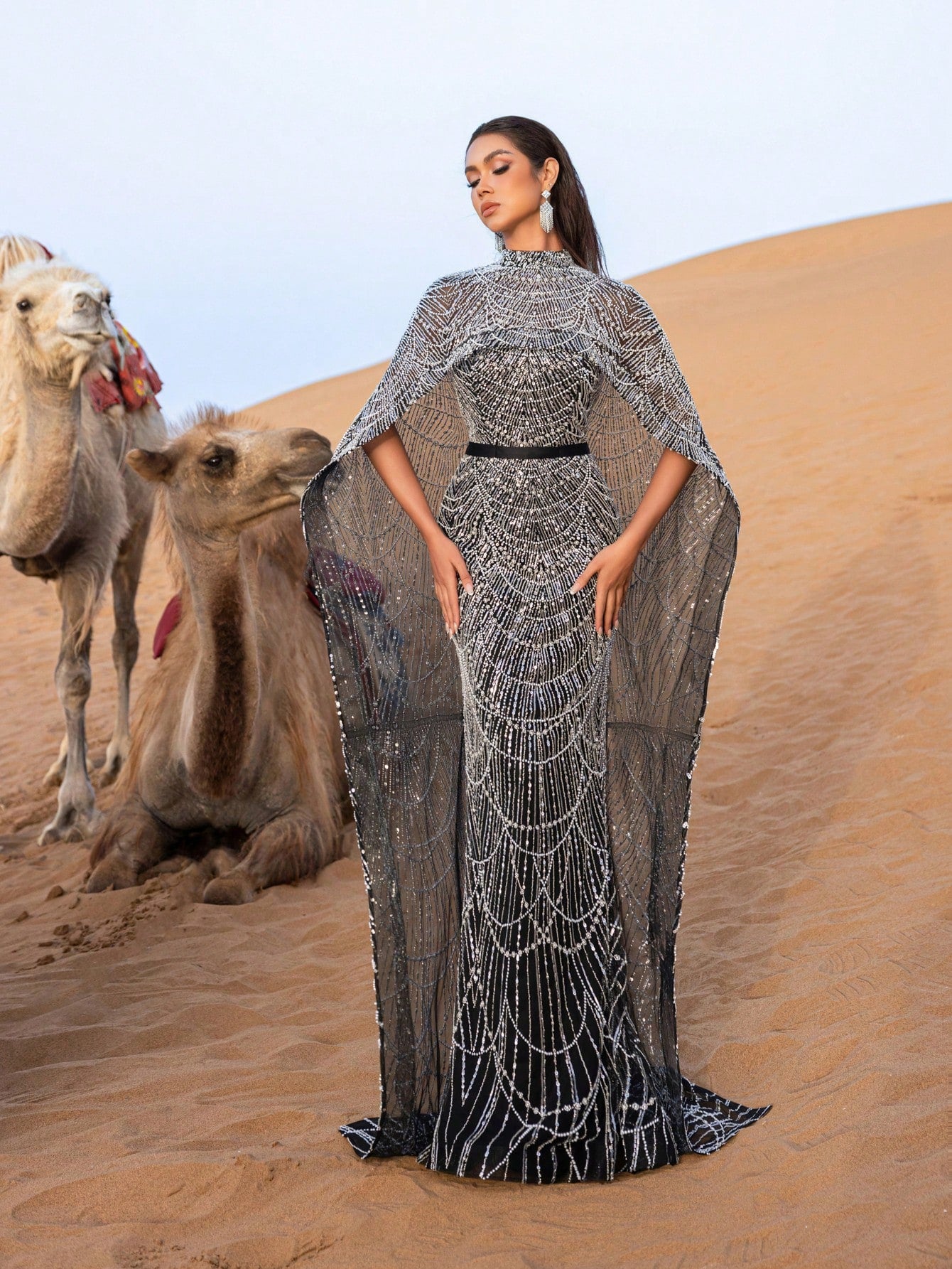 Luxurious Shimmering Beaded Sequin Maxi Cape Dress with Fish Tail Hem