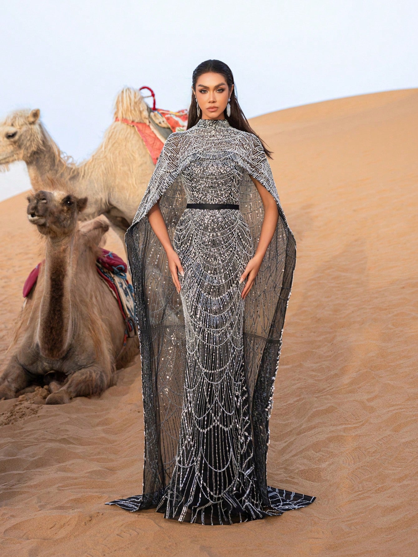 Luxurious Shimmering Beaded Sequin Maxi Cape Dress with Fish Tail Hem
