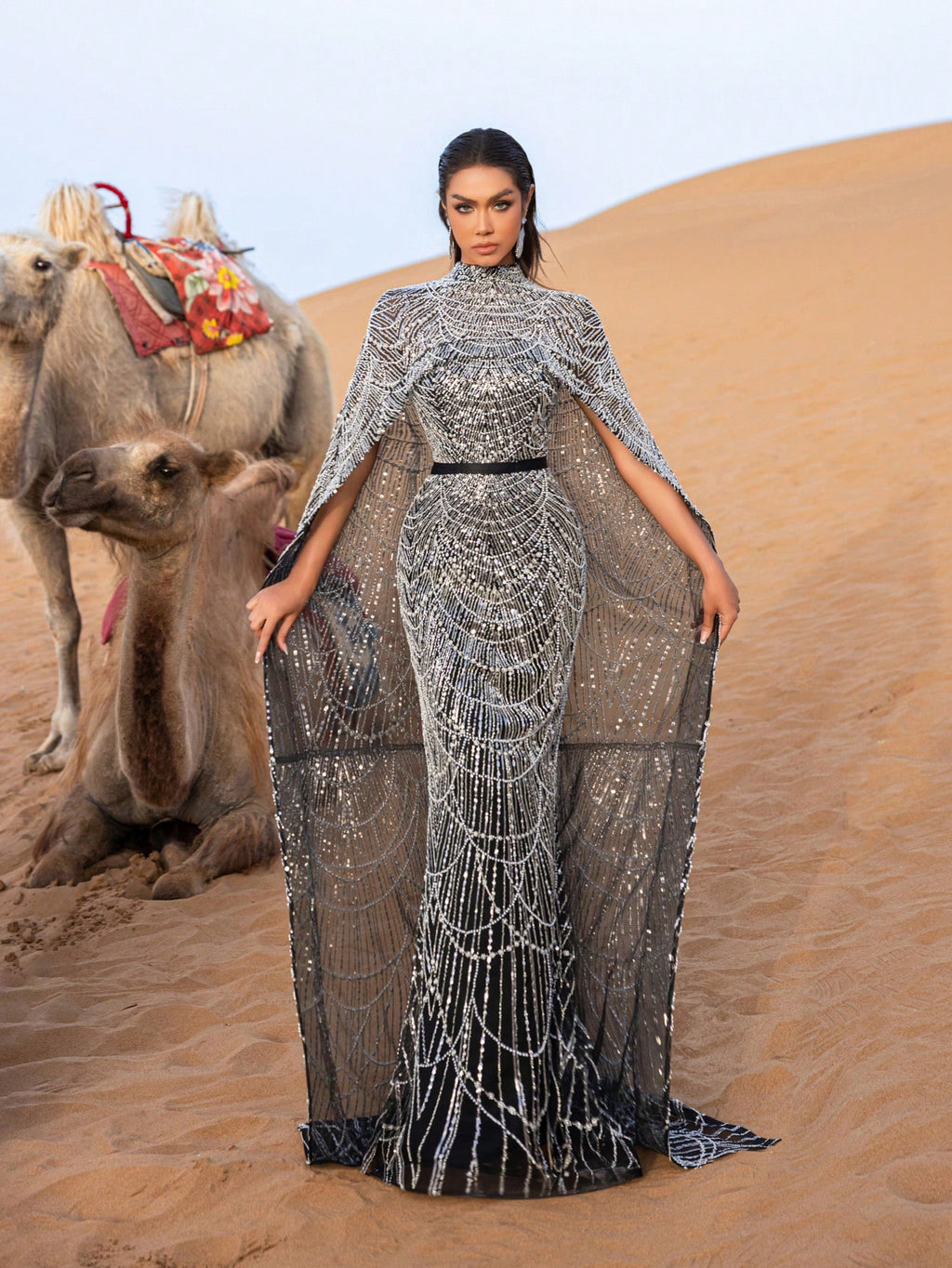 Luxurious Shimmering Beaded Sequin Maxi Cape Dress with Fish Tail Hem