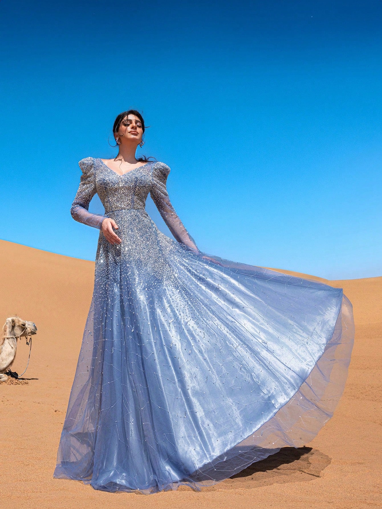 Luxury Backless Sheer Sleeves Beaded Formal Ball Dress & Evening Gowns