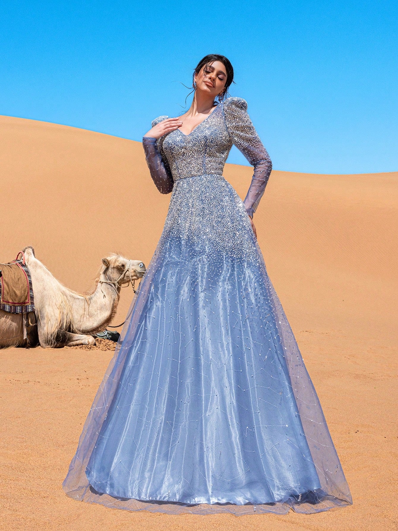 Luxury Backless Sheer Sleeves Beaded Formal Ball Dress & Evening Gowns