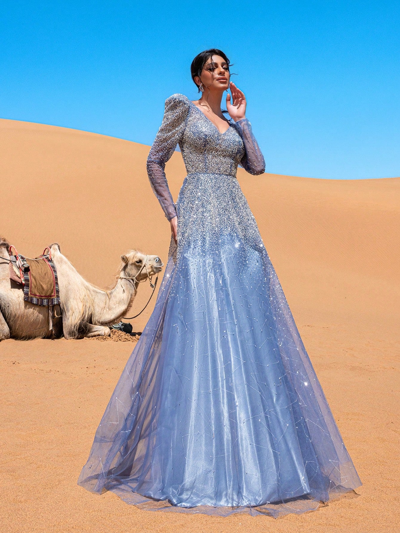 Luxury Backless Sheer Sleeves Beaded Formal Ball Dress & Evening Gowns