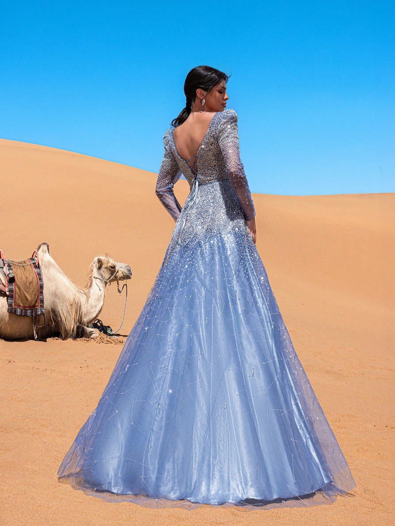 Luxury Backless Sheer Sleeves Beaded Formal Ball Dress & Evening Gowns