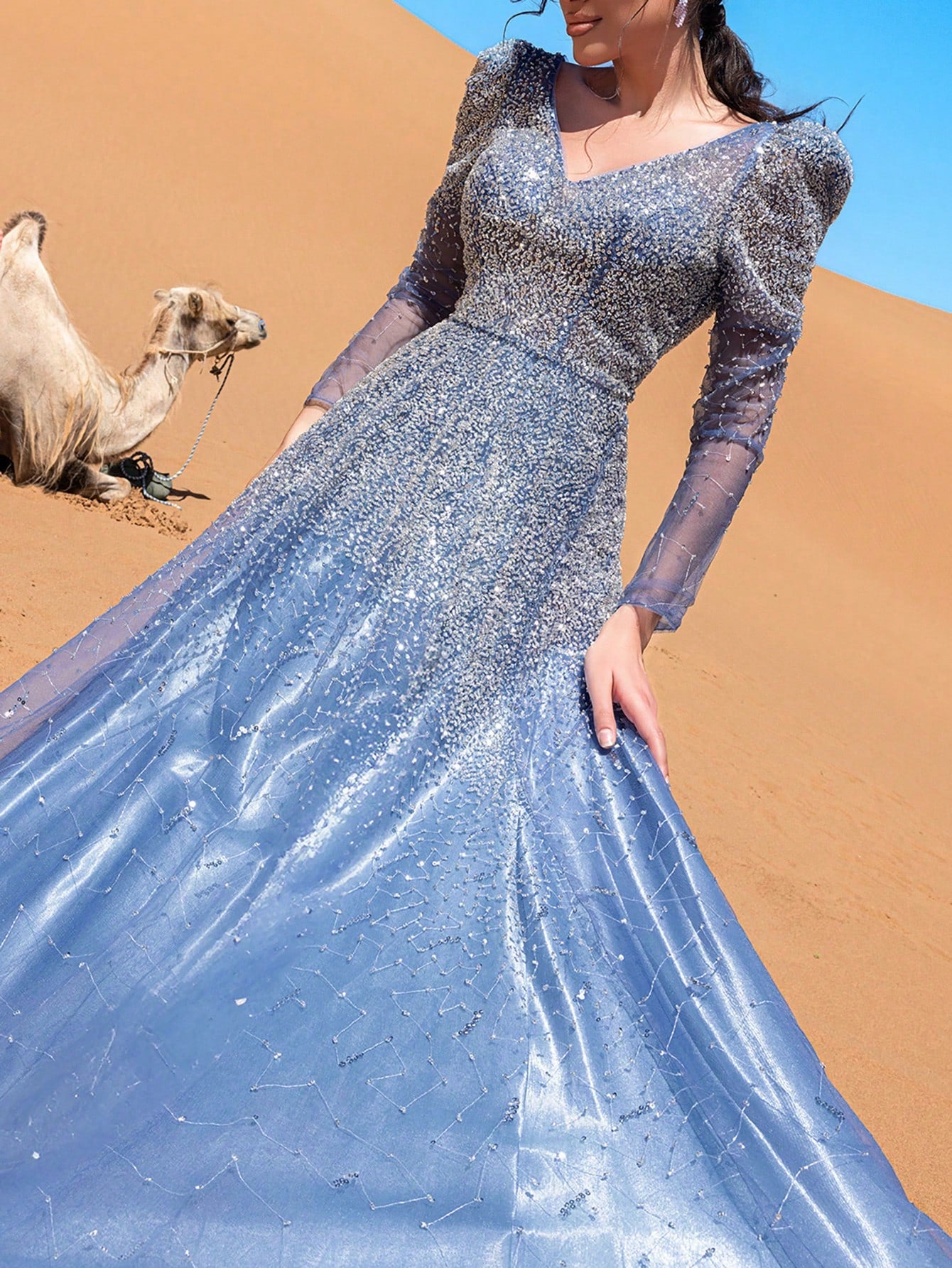 Luxury Backless Sheer Sleeves Beaded Formal Ball Dress & Evening Gowns