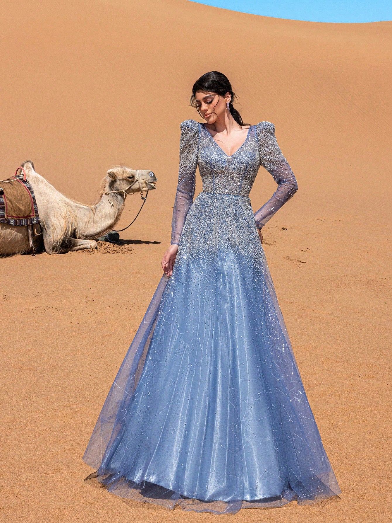 Luxury Backless Sheer Sleeves Beaded Formal Ball Dress & Evening Gowns