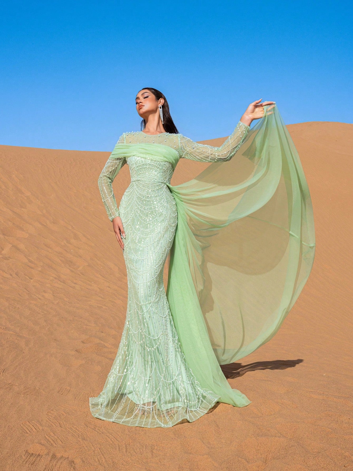Luxury Tulle Overlay Mermaid Hem Beaded Detail Formal Evening Dress