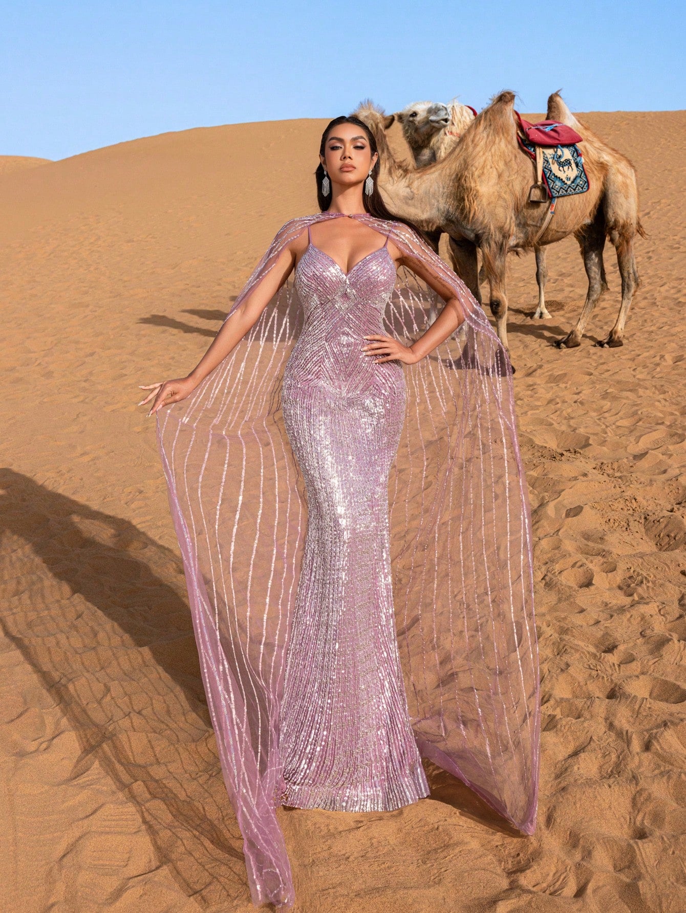 Gorgeous Plunging Neck Mermaid Hem Beaded Evening Dress With Cape