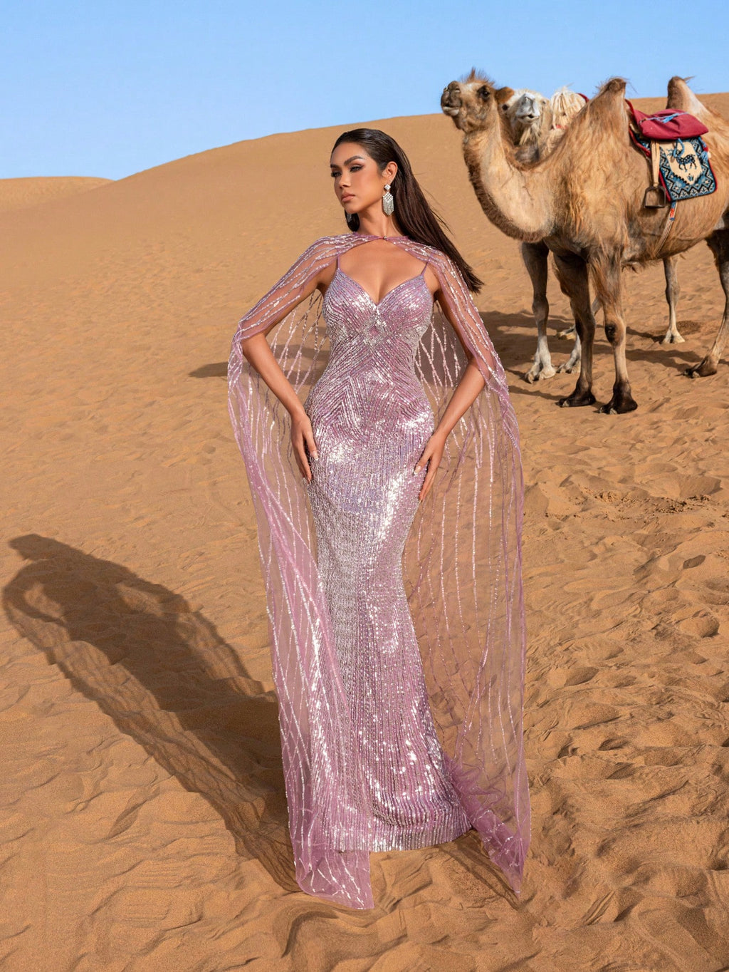 Gorgeous Plunging Neck Mermaid Hem Beaded Evening Dress With Cape