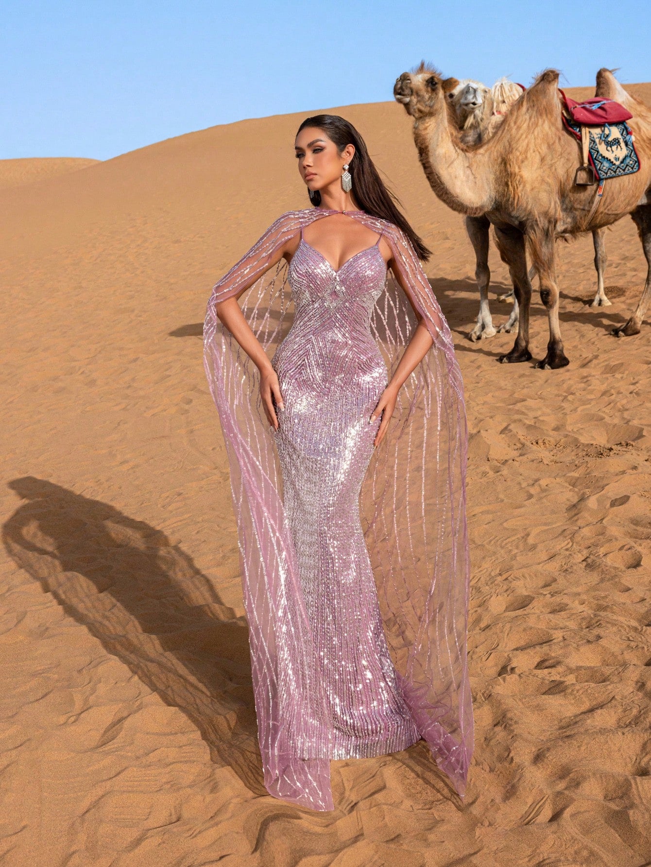 Gorgeous Plunging Neck Mermaid Hem Beaded Evening Dress With Cape