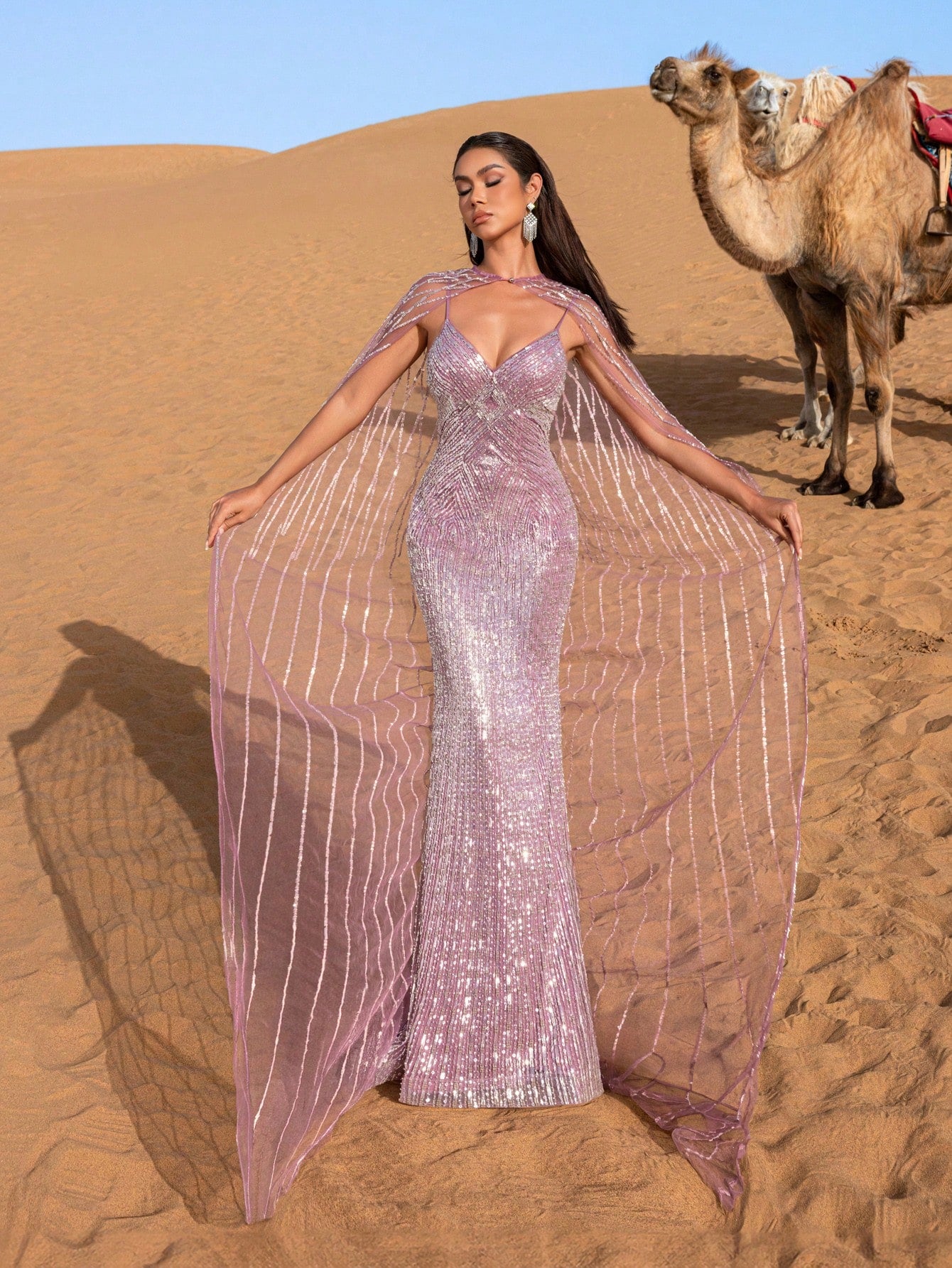 Gorgeous Plunging Neck Mermaid Hem Beaded Evening Dress With Cape