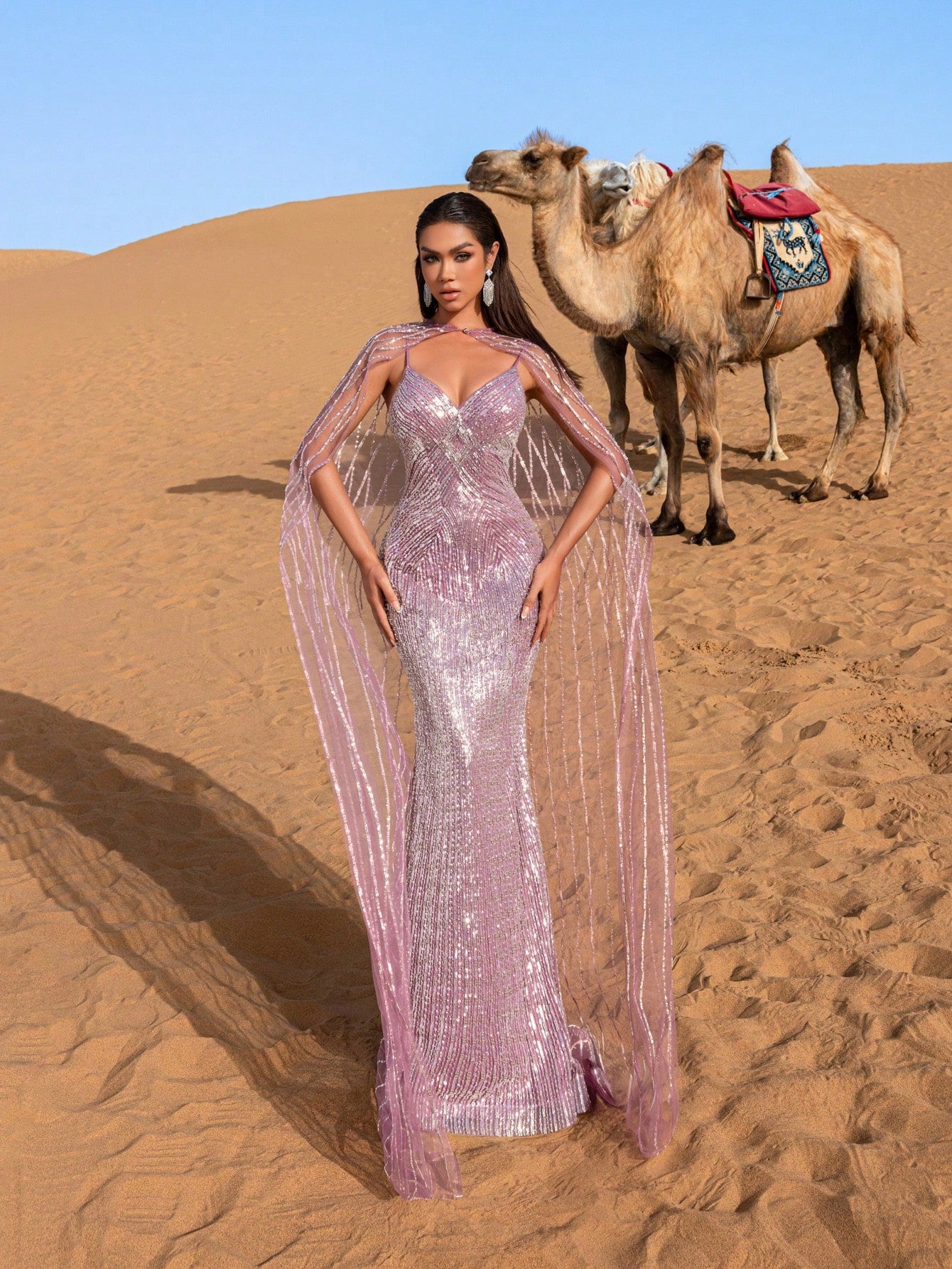 Gorgeous Plunging Neck Mermaid Hem Beaded Evening Dress With Cape