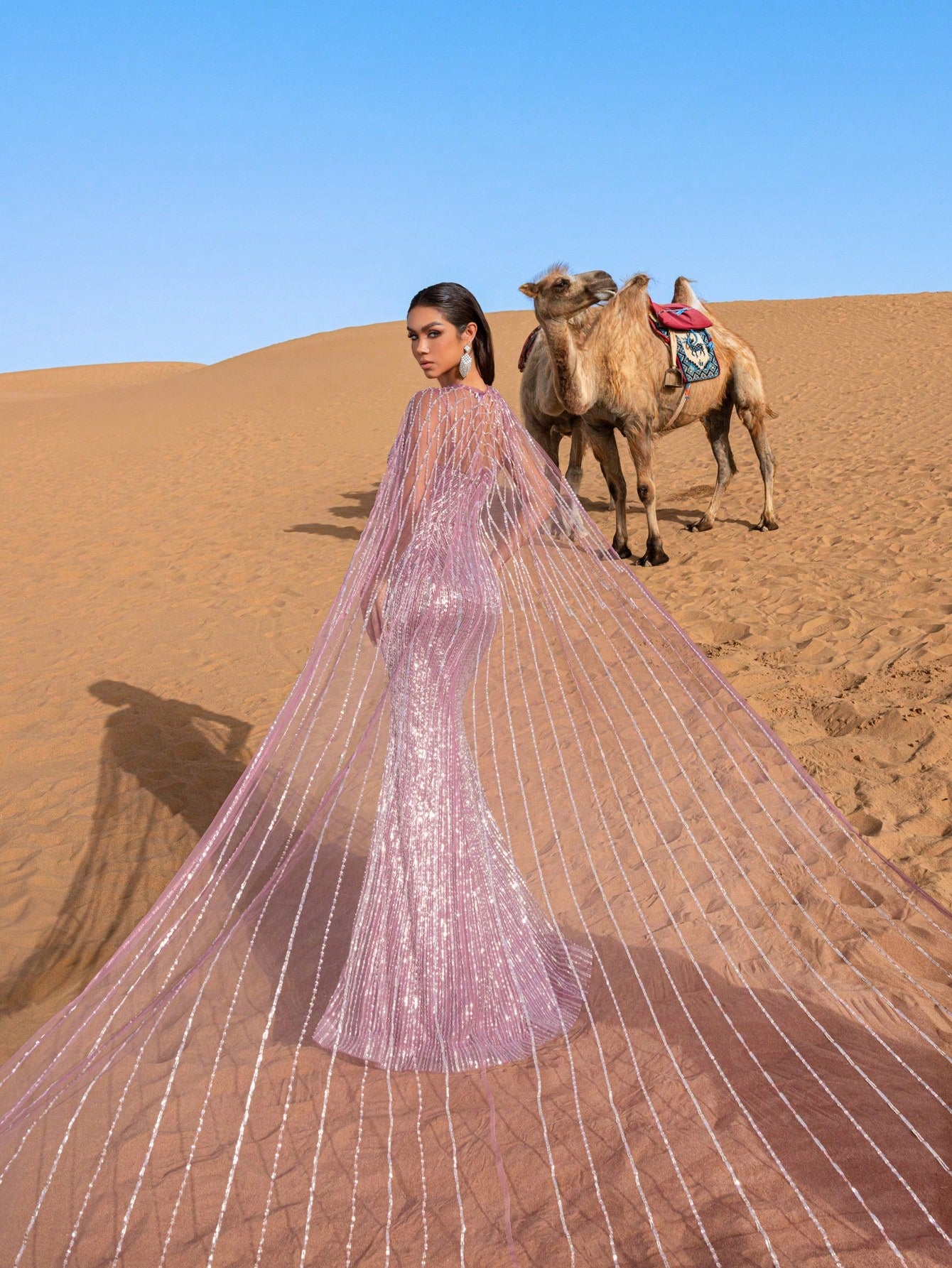 Gorgeous Plunging Neck Mermaid Hem Beaded Evening Dress With Cape