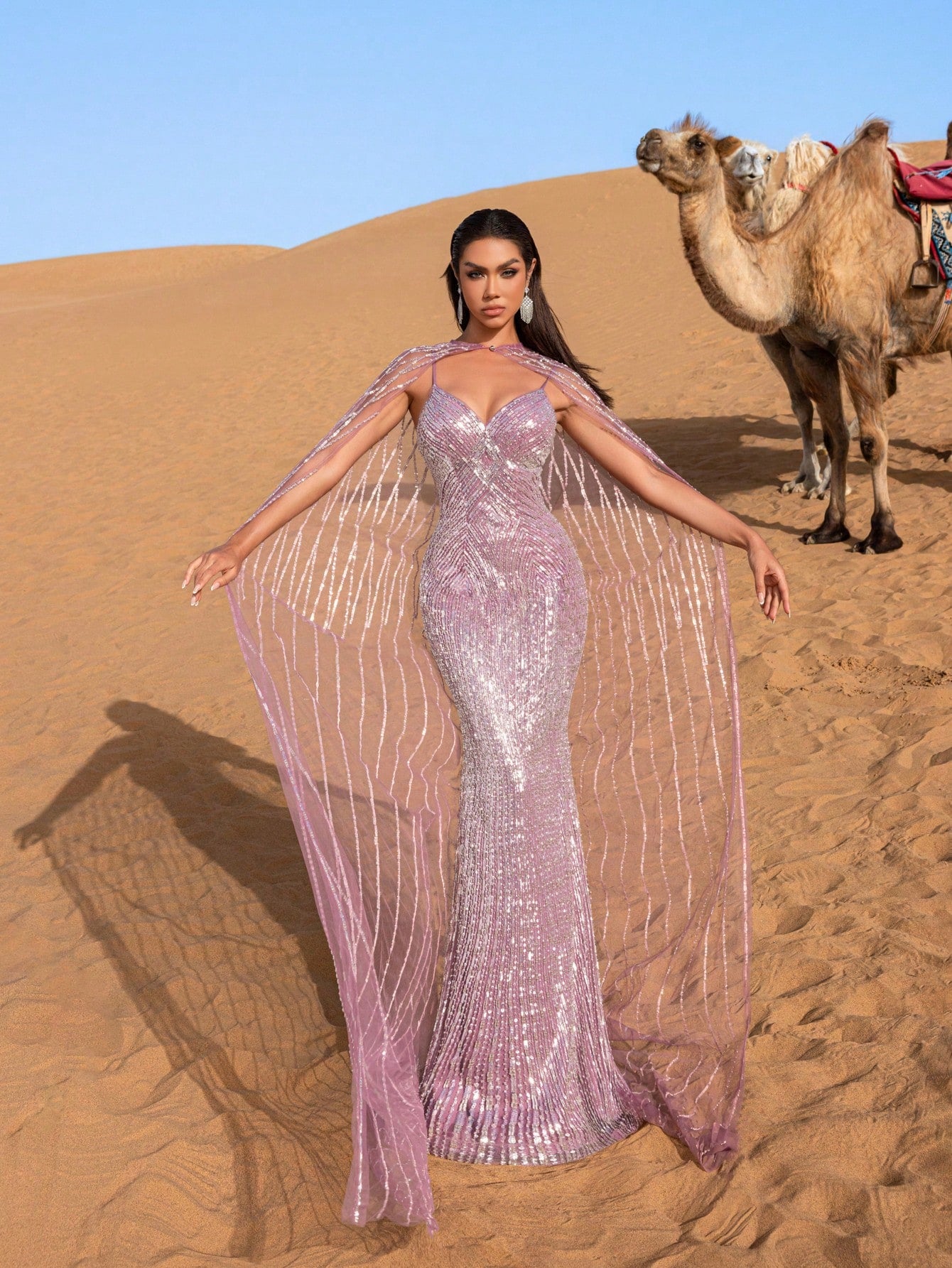Gorgeous Plunging Neck Mermaid Hem Beaded Evening Dress With Cape