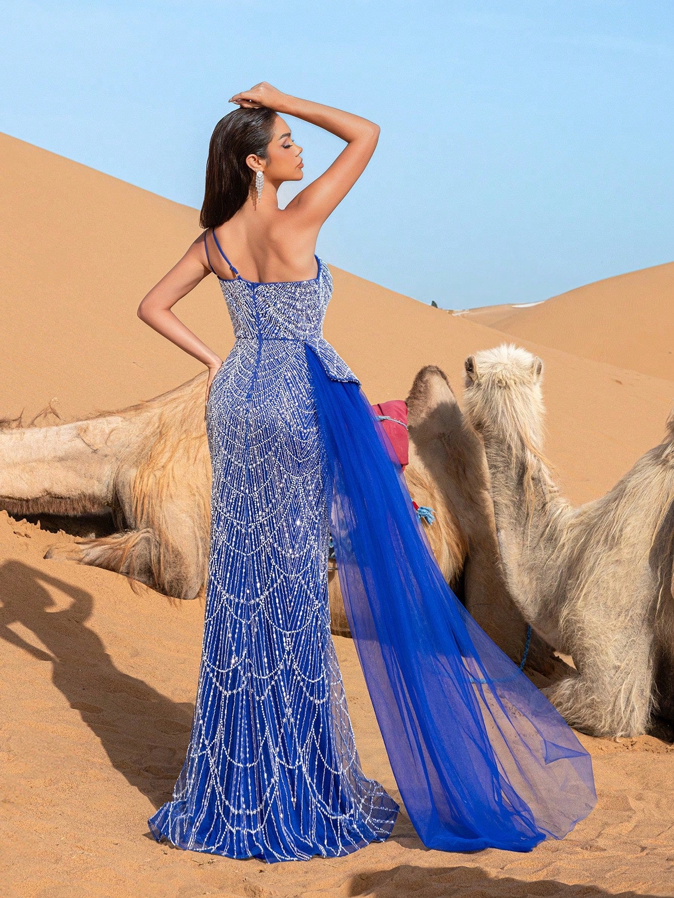 Luxury One Shoulder Sheer Overlay Beaded Formal Mermaid Dresses & Evening Gowns