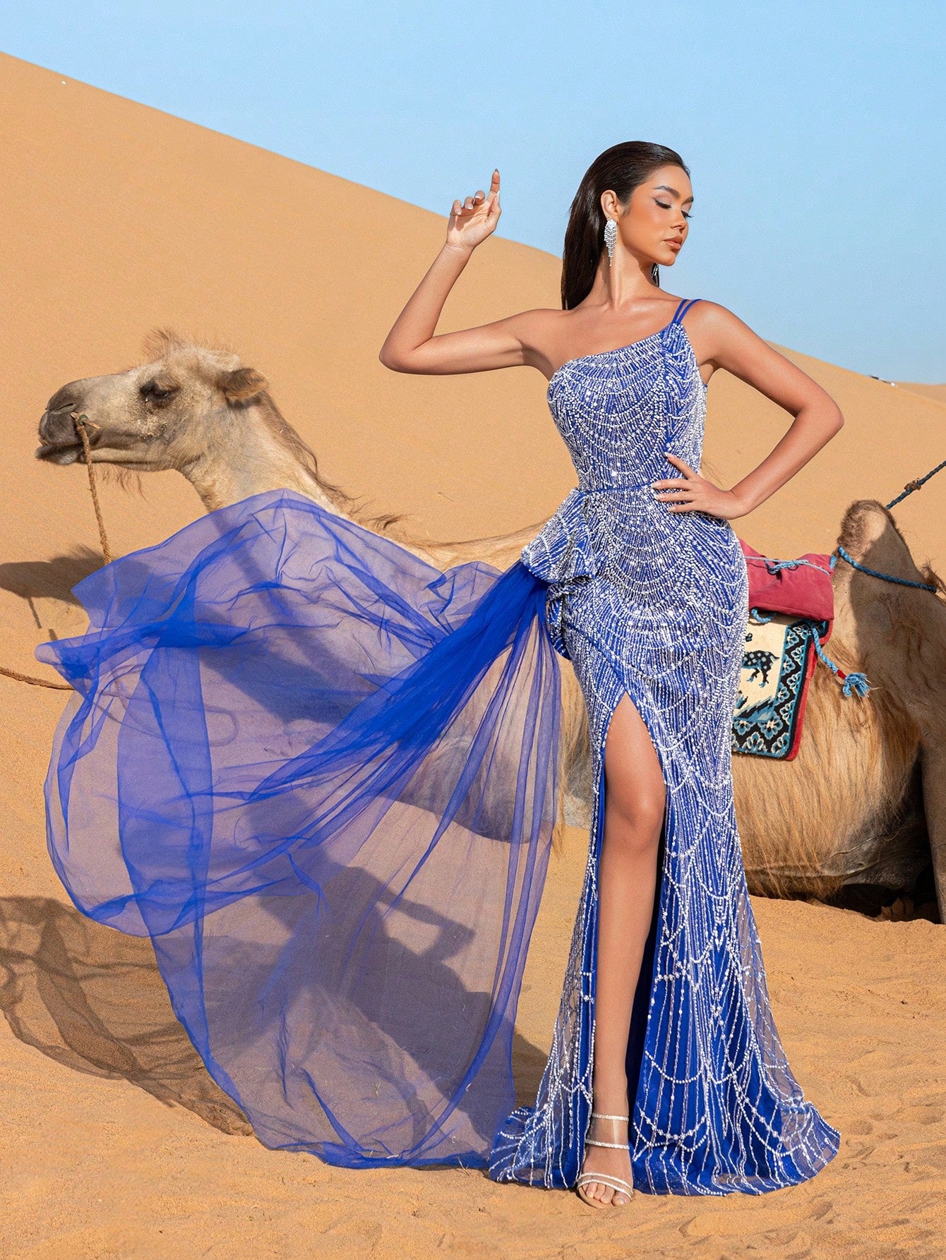Luxury One Shoulder Sheer Overlay Beaded Formal Mermaid Dresses & Evening Gowns