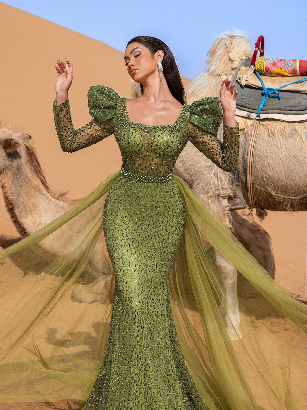 Gorgeous Square Collar Tulle Overlay Mermaid Hem Beaded Formal Dresses & Evening Gowns