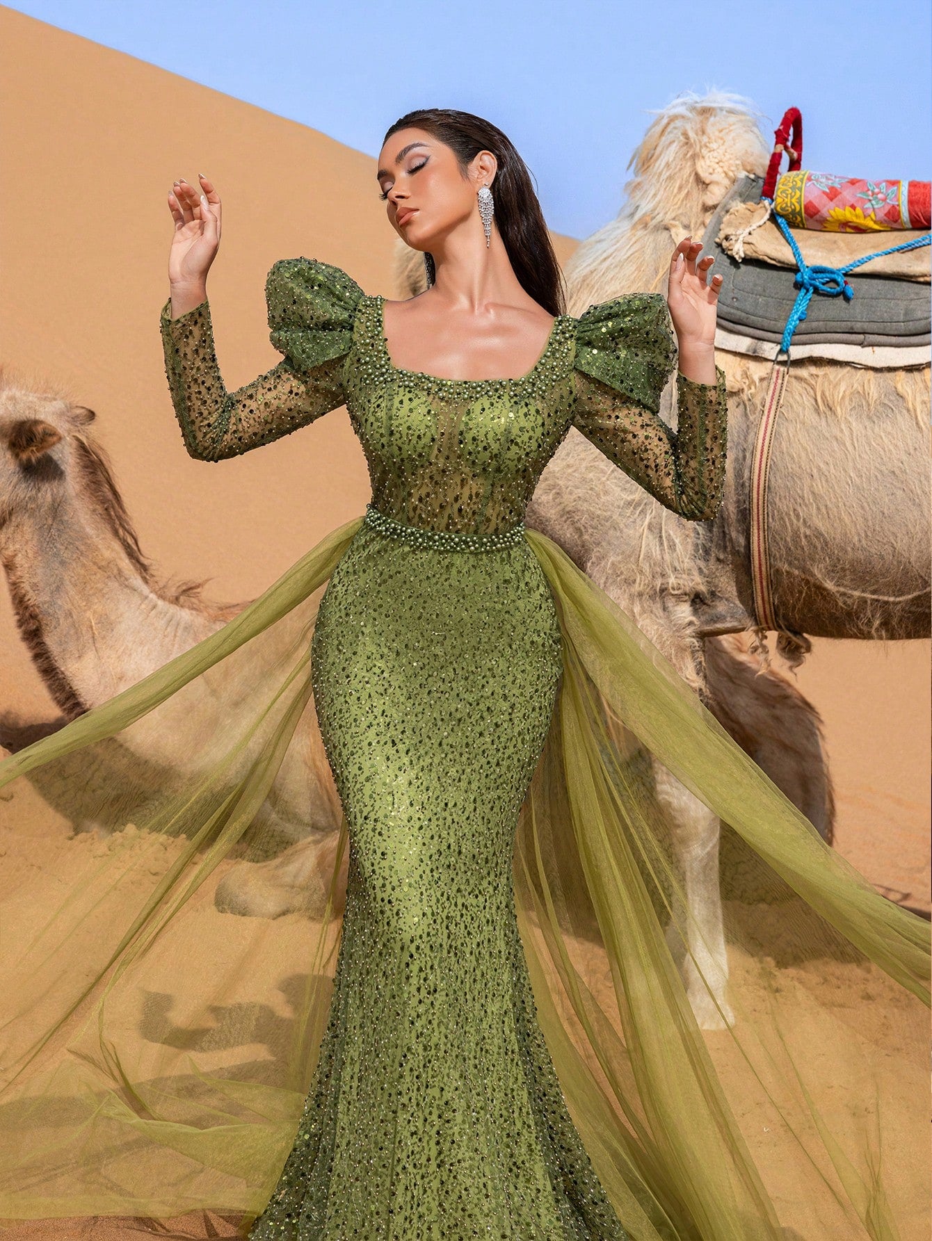 Gorgeous Square Collar Tulle Overlay Mermaid Hem Beaded Formal Dresses & Evening Gowns