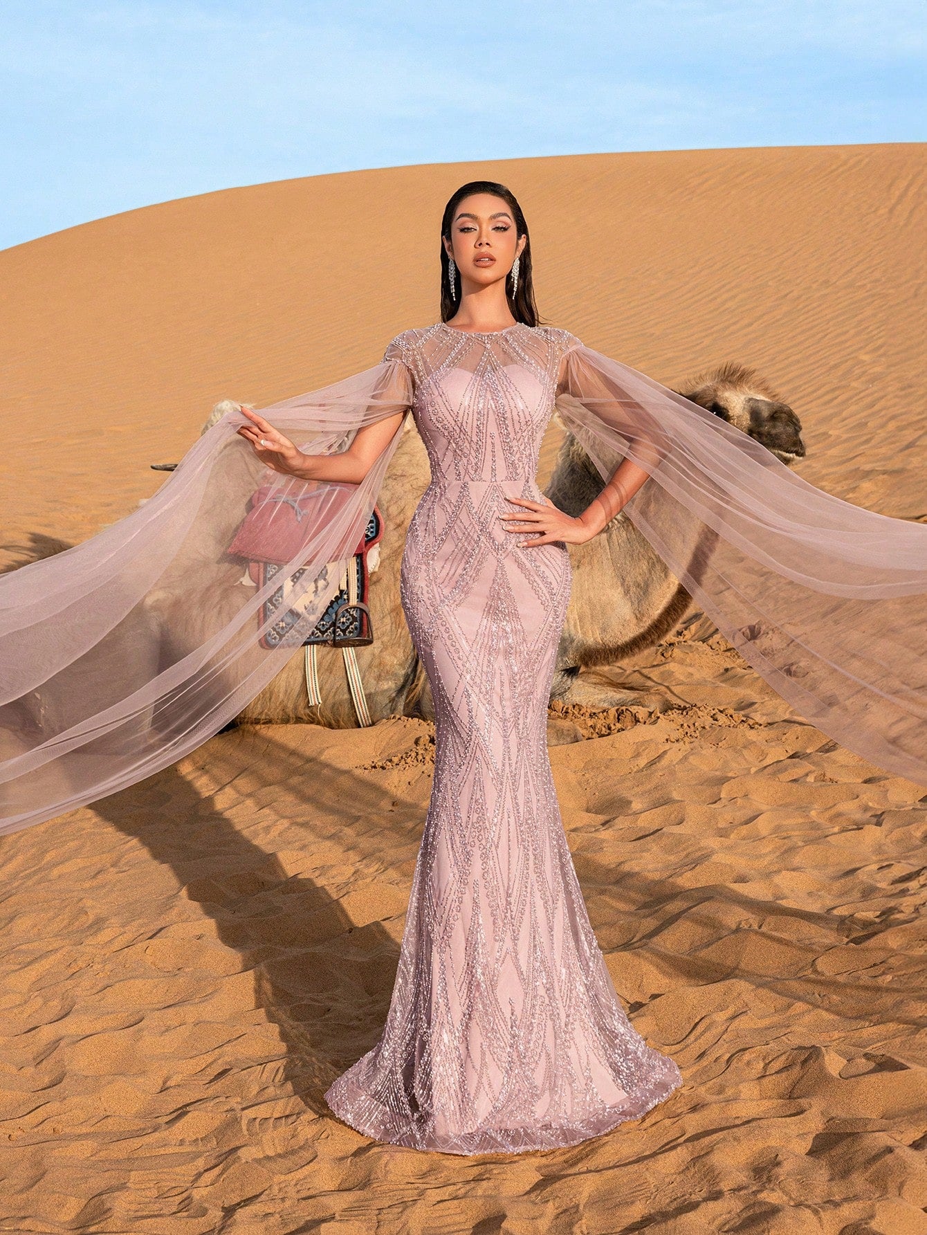 Elegant Sheer Cape Sleeves Mermaid Hem Beaded Sequin Formal Dress & Evening Gowns