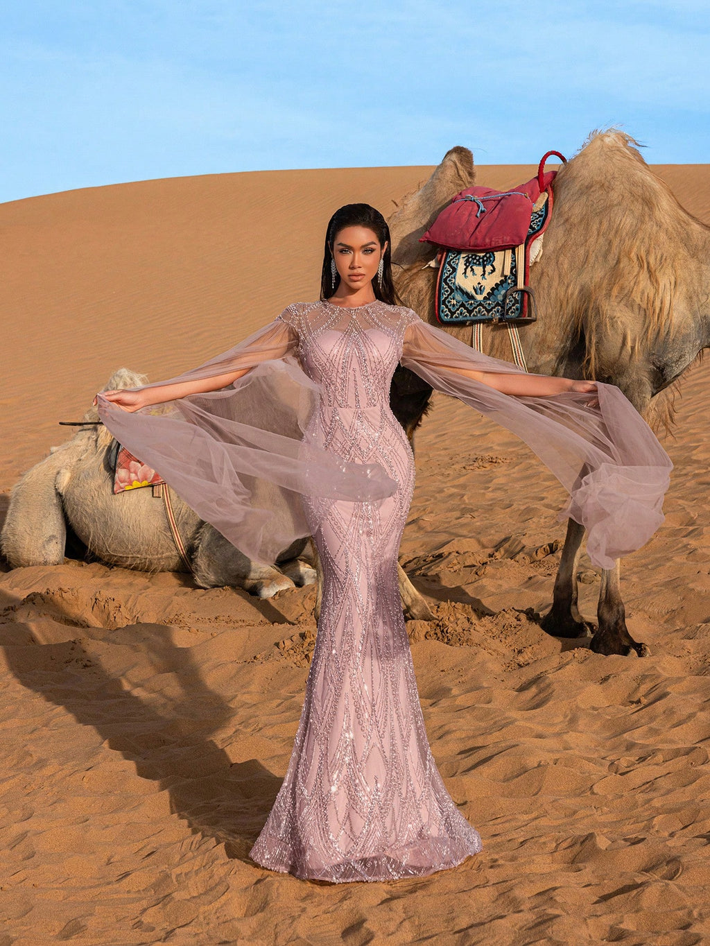 Elegant Sheer Cape Sleeves Mermaid Hem Beaded Sequin Formal Dress & Evening Gowns