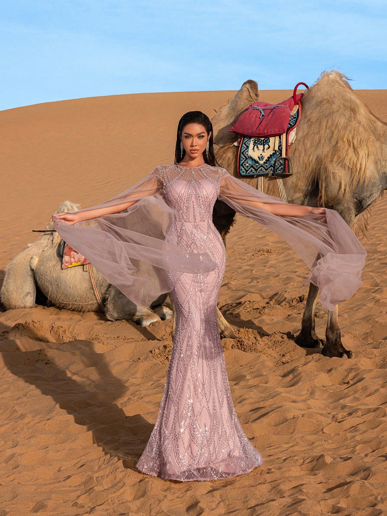 Elegant Sheer Cape Sleeves Mermaid Hem Beaded Sequin Formal Dress & Evening Gowns