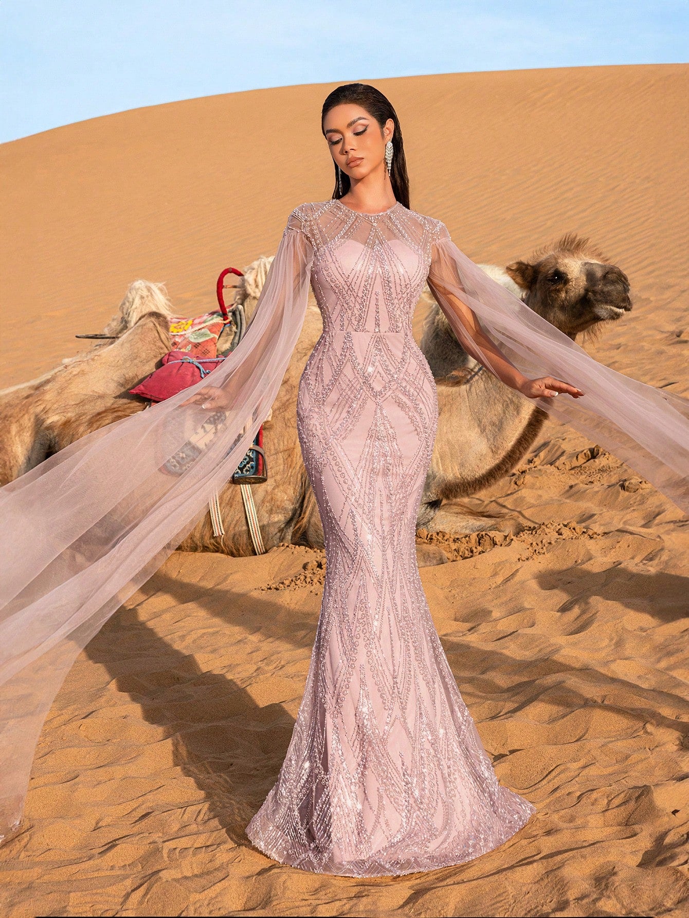 Elegant Sheer Cape Sleeves Mermaid Hem Beaded Sequin Formal Dress & Evening Gowns