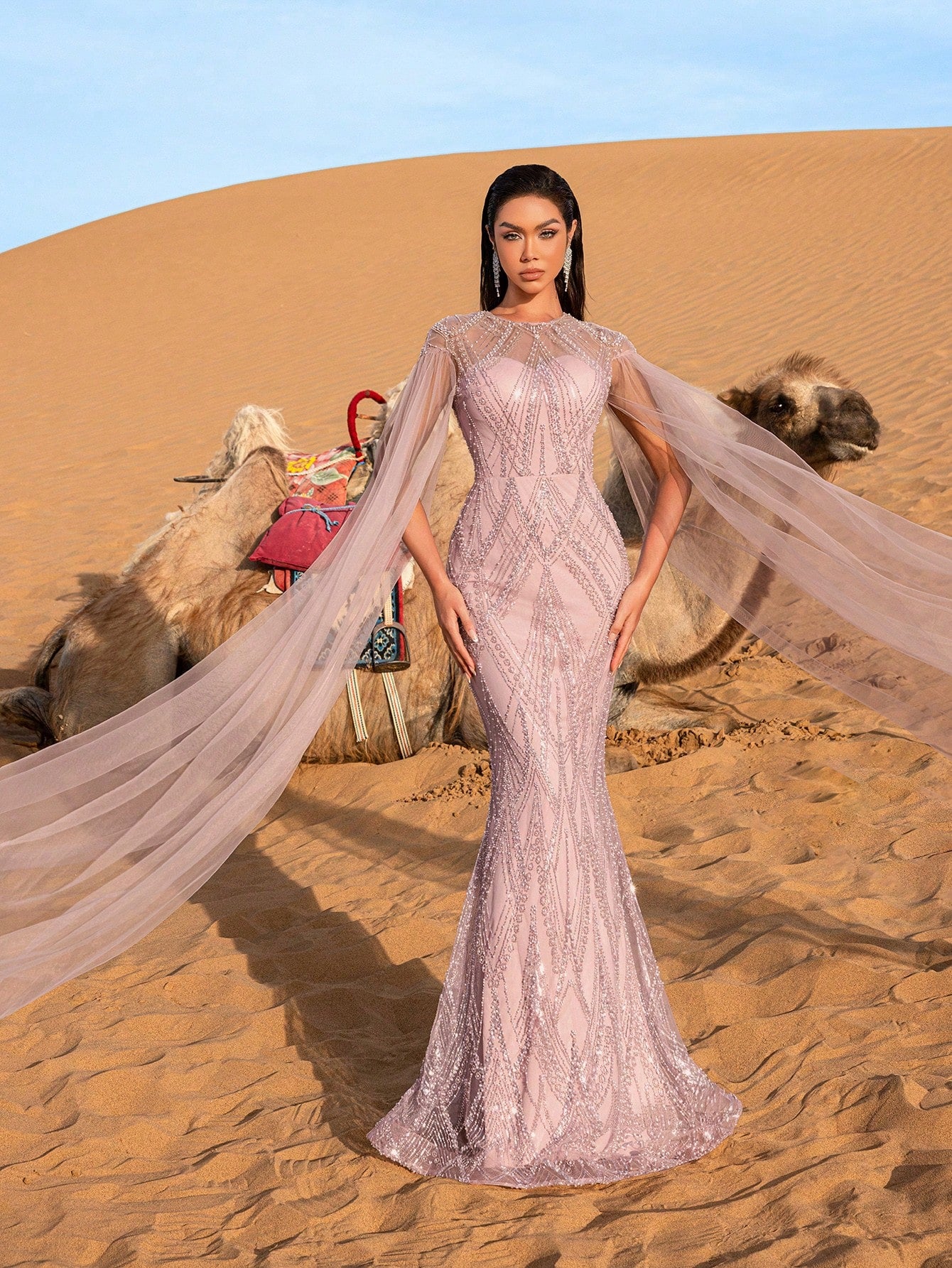 Elegant Sheer Cape Sleeves Mermaid Hem Beaded Sequin Formal Dress & Evening Gowns