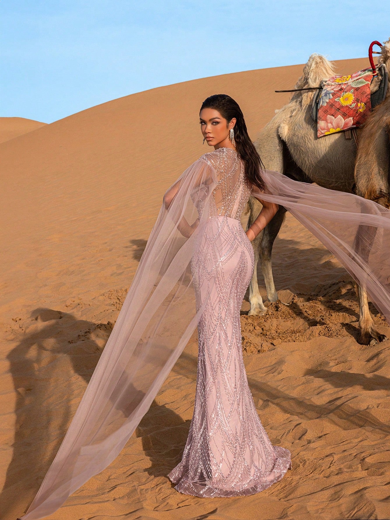 Elegant Sheer Cape Sleeves Mermaid Hem Beaded Sequin Formal Dress & Evening Gowns
