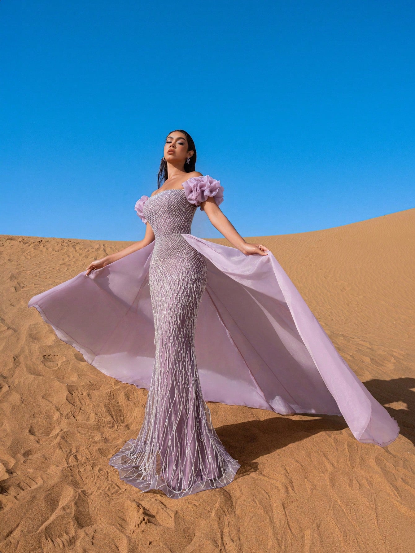Gorgeous Off-Shoulder Beaded Evening Gown with Puffy Petal Sleeves