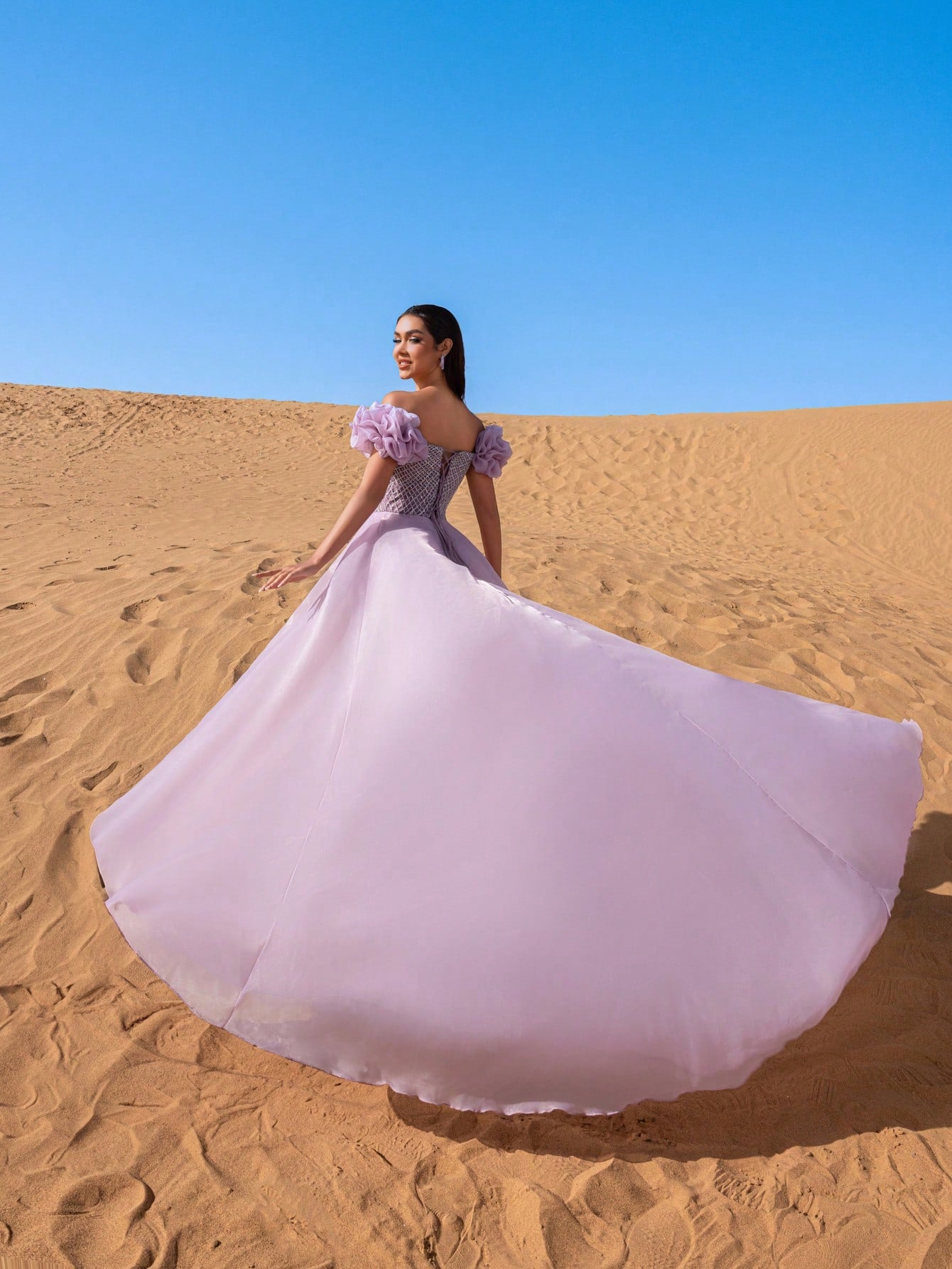 Gorgeous Off-Shoulder Beaded Evening Gown with Puffy Petal Sleeves