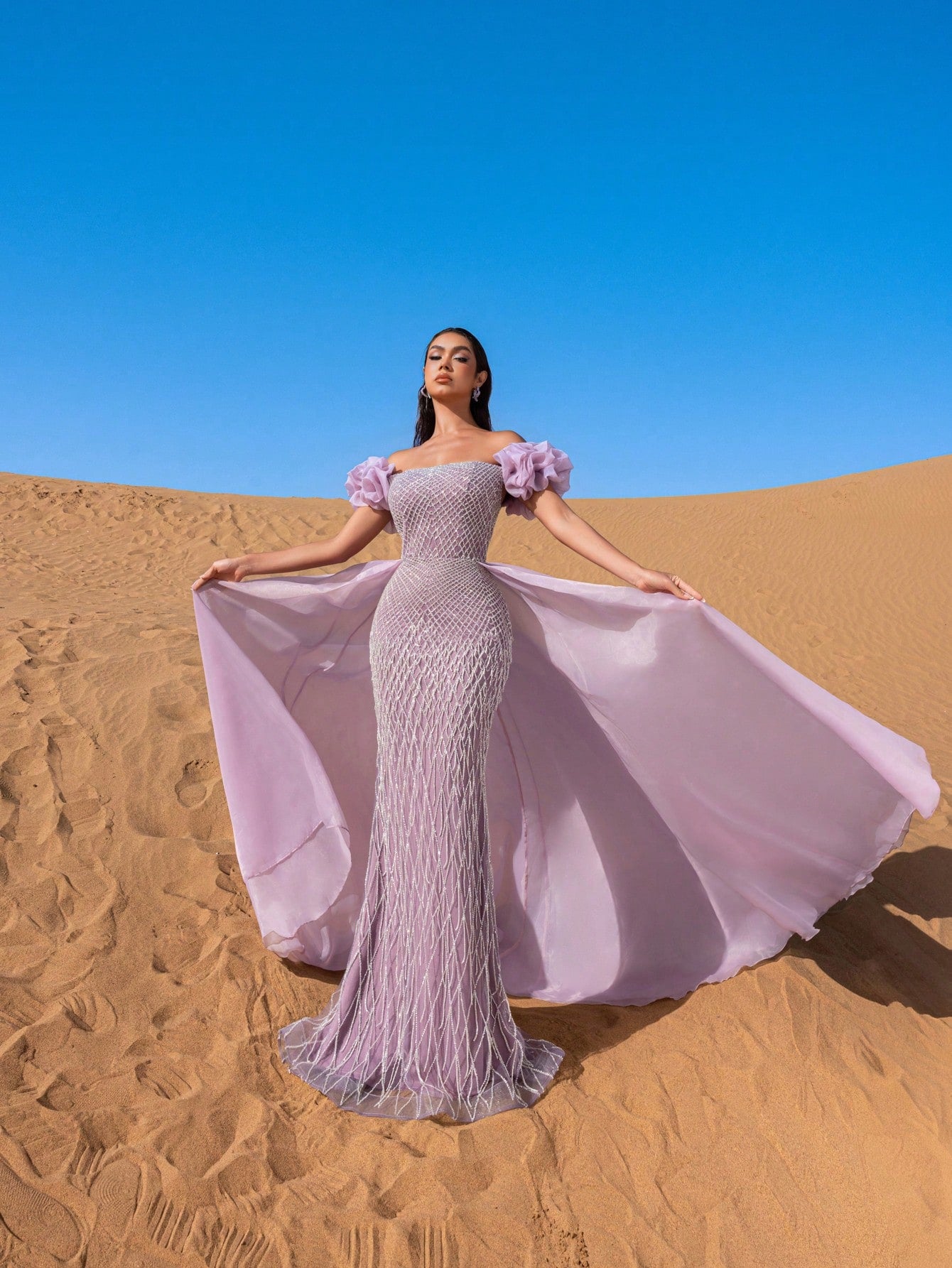 Gorgeous Off-Shoulder Beaded Evening Gown with Puffy Petal Sleeves