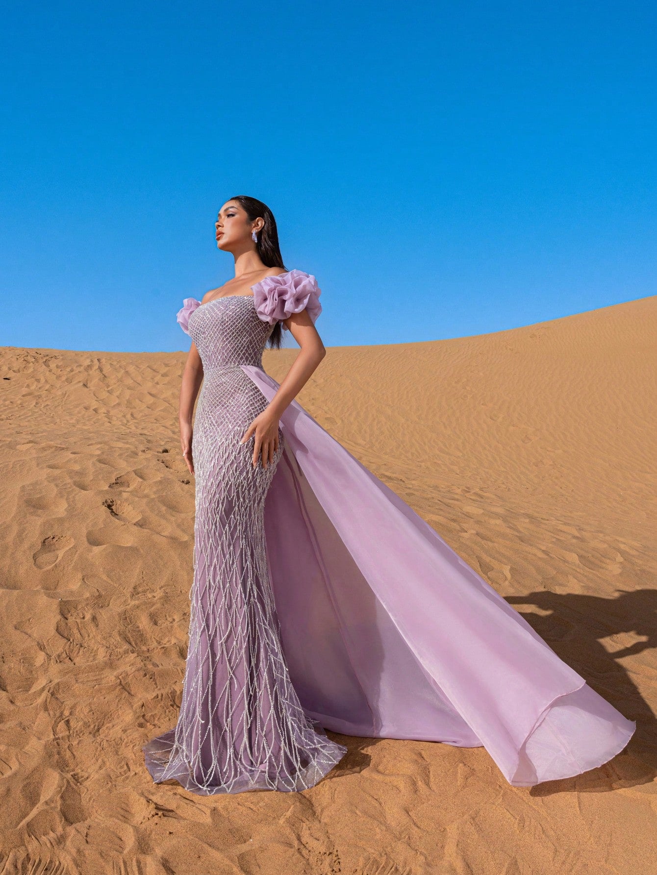 Gorgeous Off-Shoulder Beaded Evening Gown with Puffy Petal Sleeves