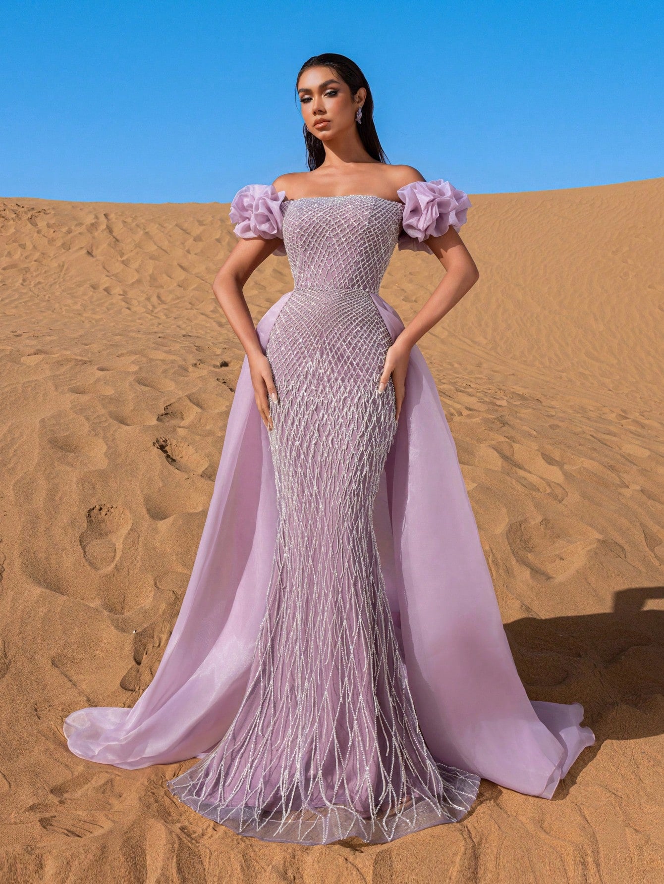 Gorgeous Off-Shoulder Beaded Evening Gown with Puffy Petal Sleeves
