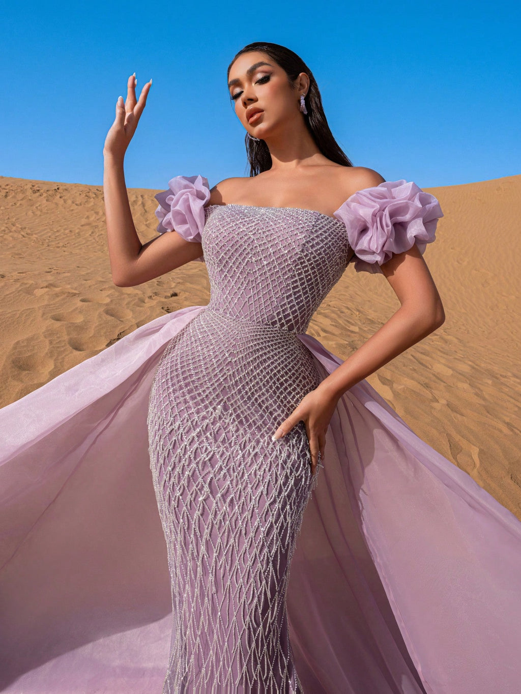 Gorgeous Off-Shoulder Beaded Evening Gown with Puffy Petal Sleeves