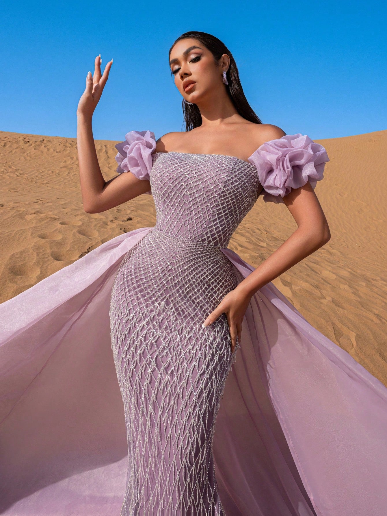 Gorgeous Off-Shoulder Beaded Evening Gown with Puffy Petal Sleeves
