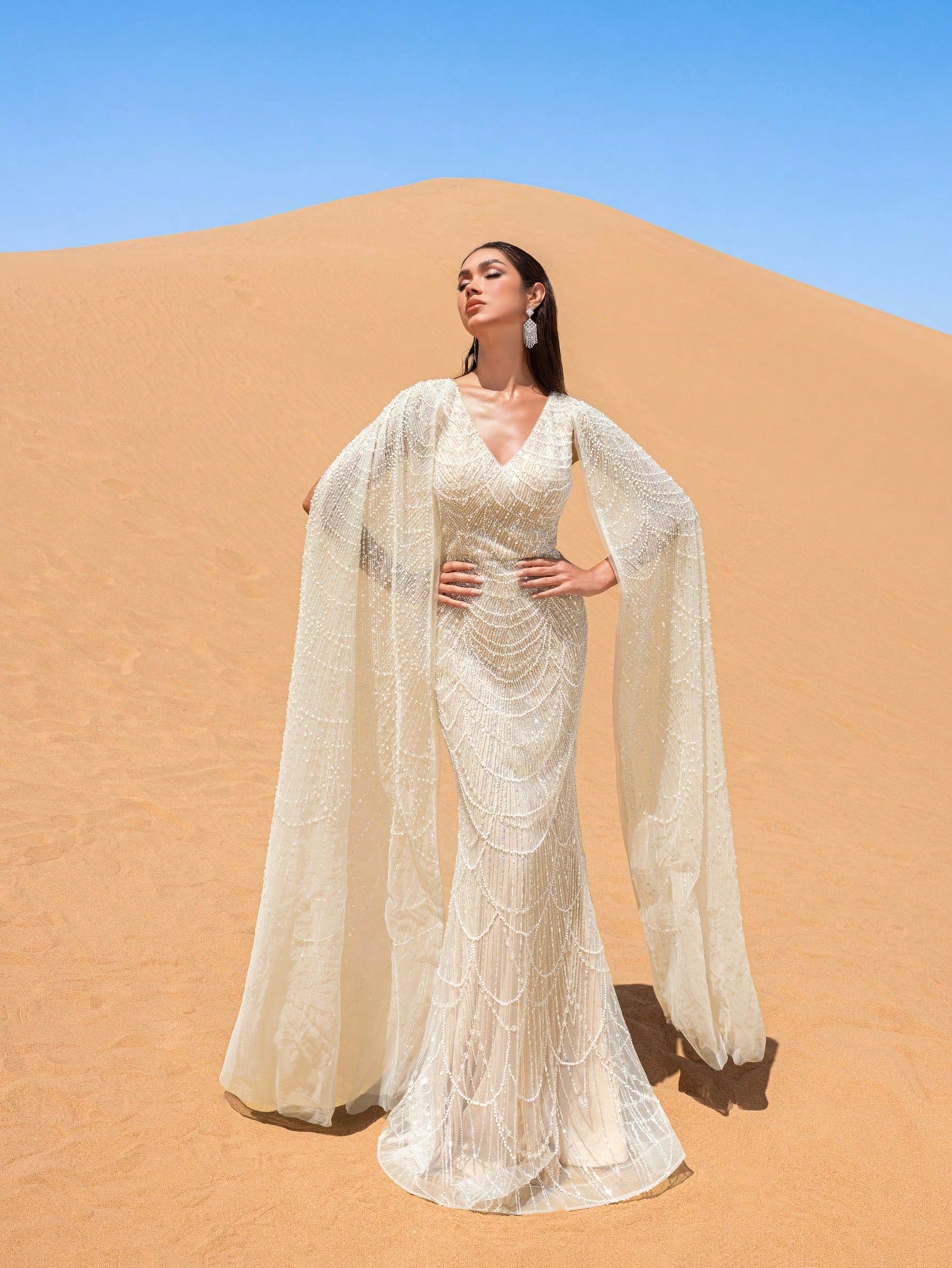 Elegant Beaded V-Neck Mermaid Gown with Floor-Length Sleeves - Autumn Winter Luxury Formal Wear for Red Carpet, Weddings, and Galas