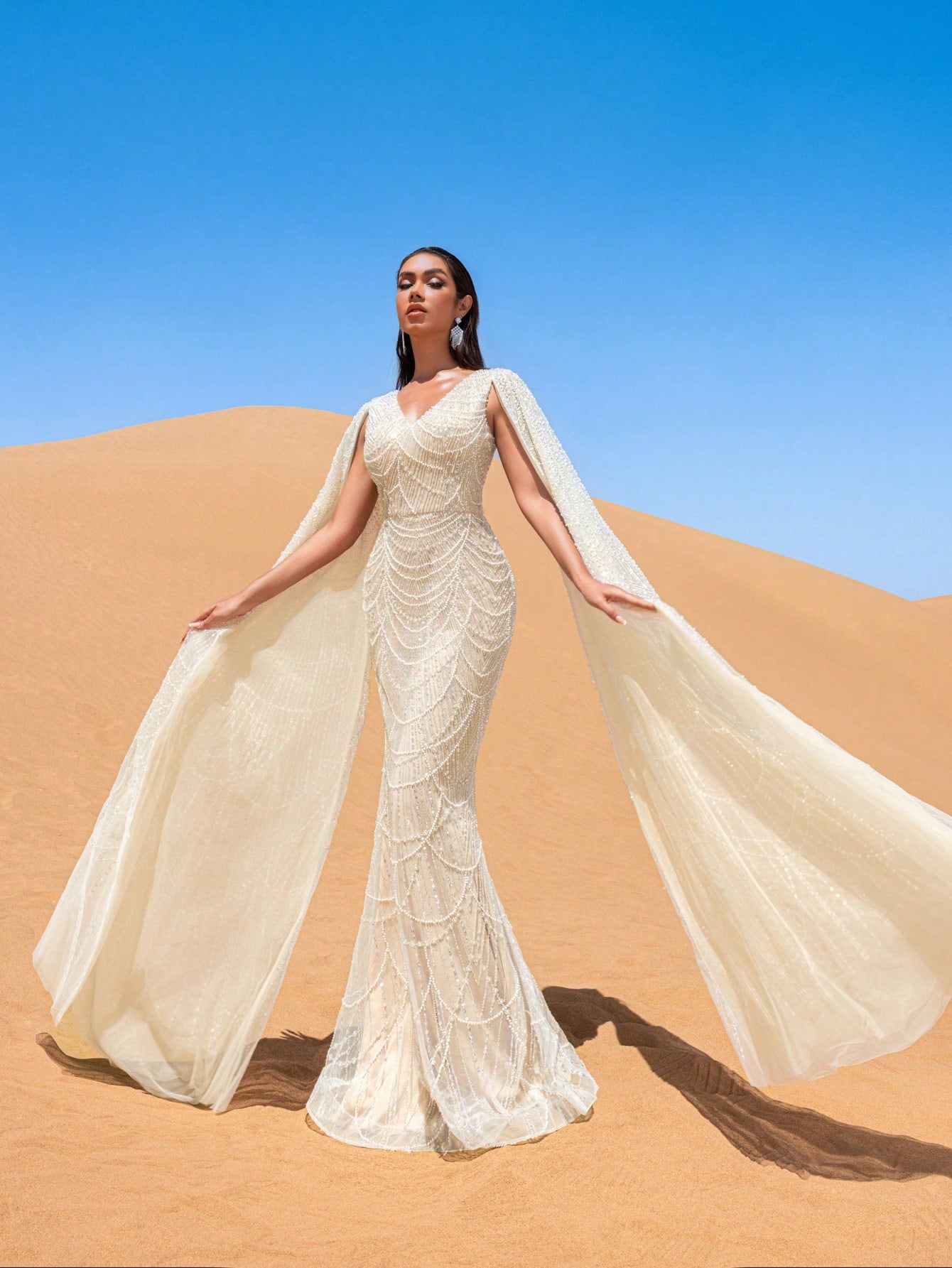 Elegant Beaded V-Neck Mermaid Gown with Floor-Length Sleeves - Autumn Winter Luxury Formal Wear for Red Carpet, Weddings, and Galas