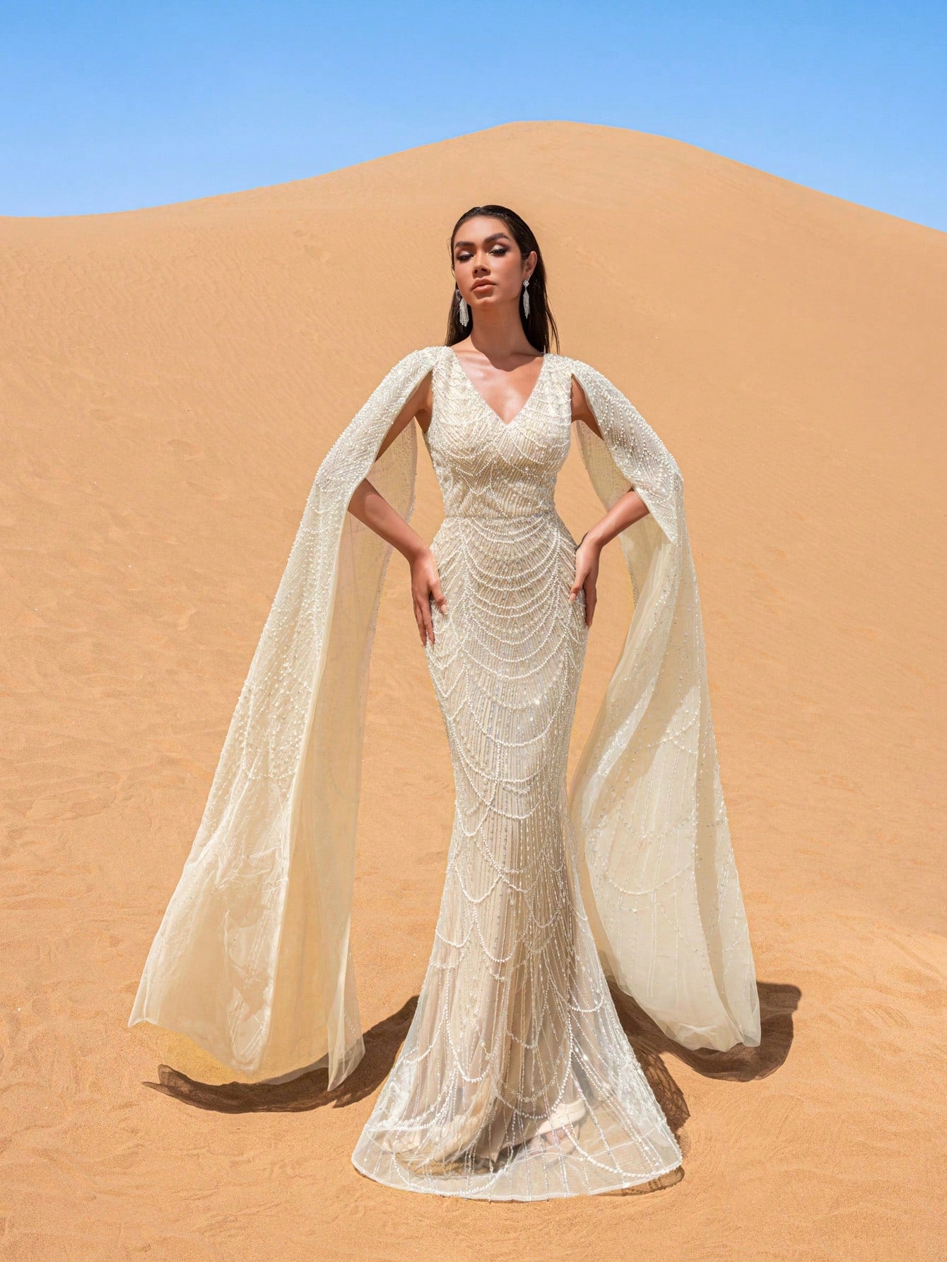 Elegant Beaded V-Neck Mermaid Gown with Floor-Length Sleeves - Autumn Winter Luxury Formal Wear for Red Carpet, Weddings, and Galas
