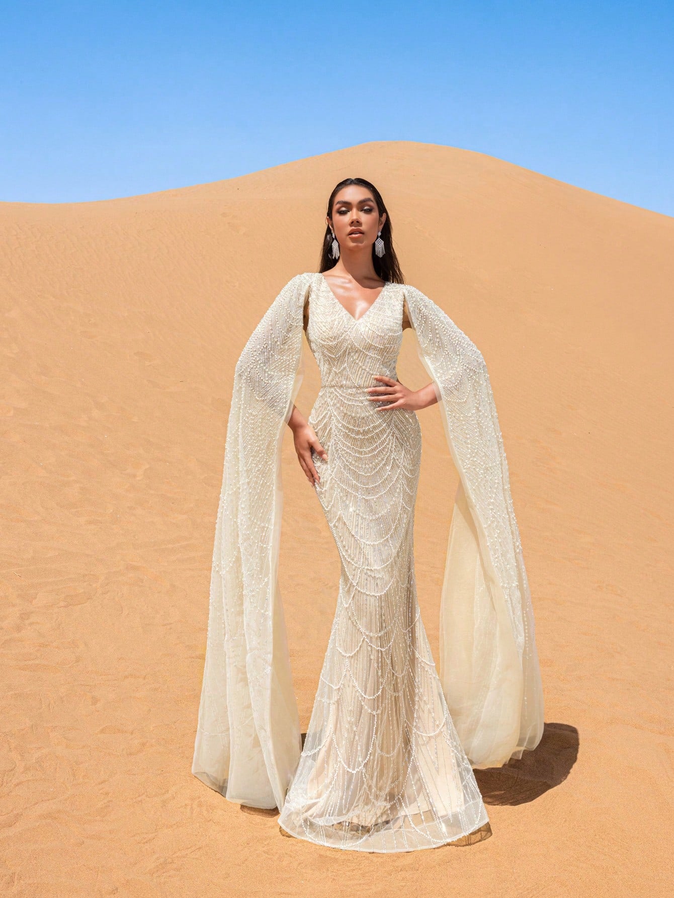Elegant Beaded V-Neck Mermaid Gown with Floor-Length Sleeves - Autumn Winter Luxury Formal Wear for Red Carpet, Weddings, and Galas