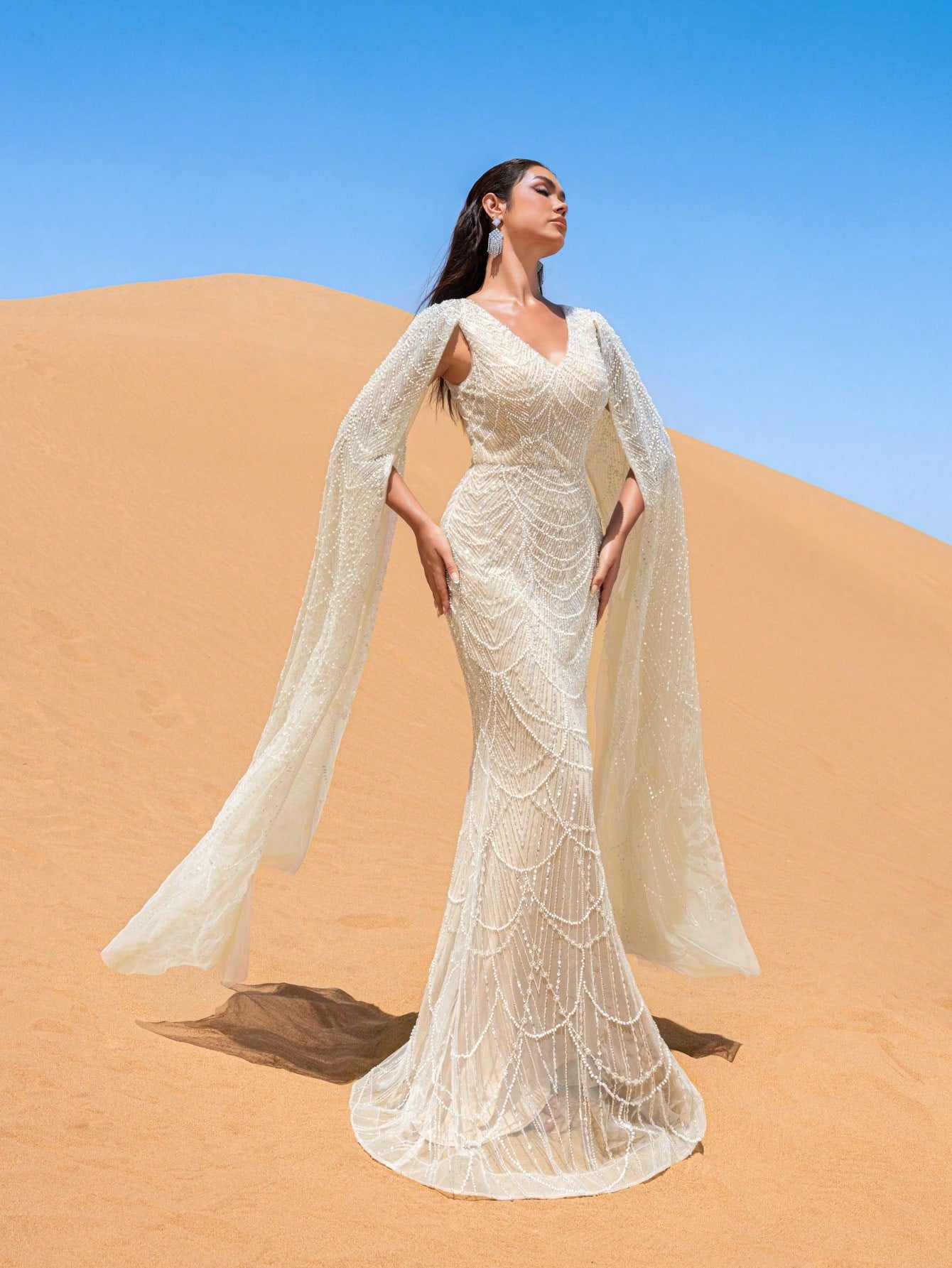 Elegant Beaded V-Neck Mermaid Gown with Floor-Length Sleeves - Autumn Winter Luxury Formal Wear for Red Carpet, Weddings, and Galas
