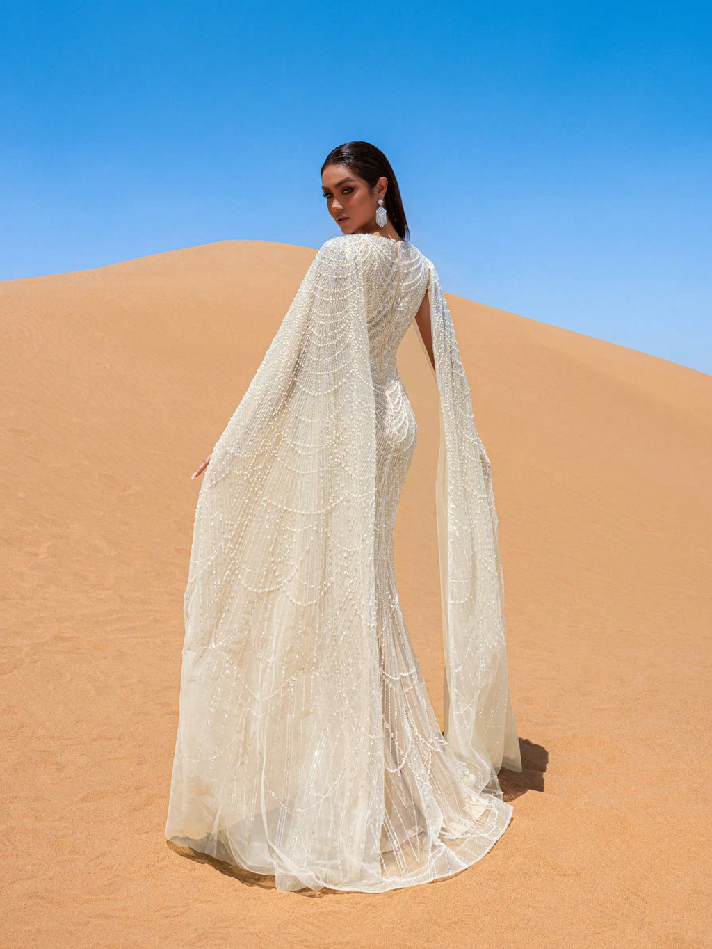Elegant Beaded V-Neck Mermaid Gown with Floor-Length Sleeves - Autumn Winter Luxury Formal Wear for Red Carpet, Weddings, and Galas