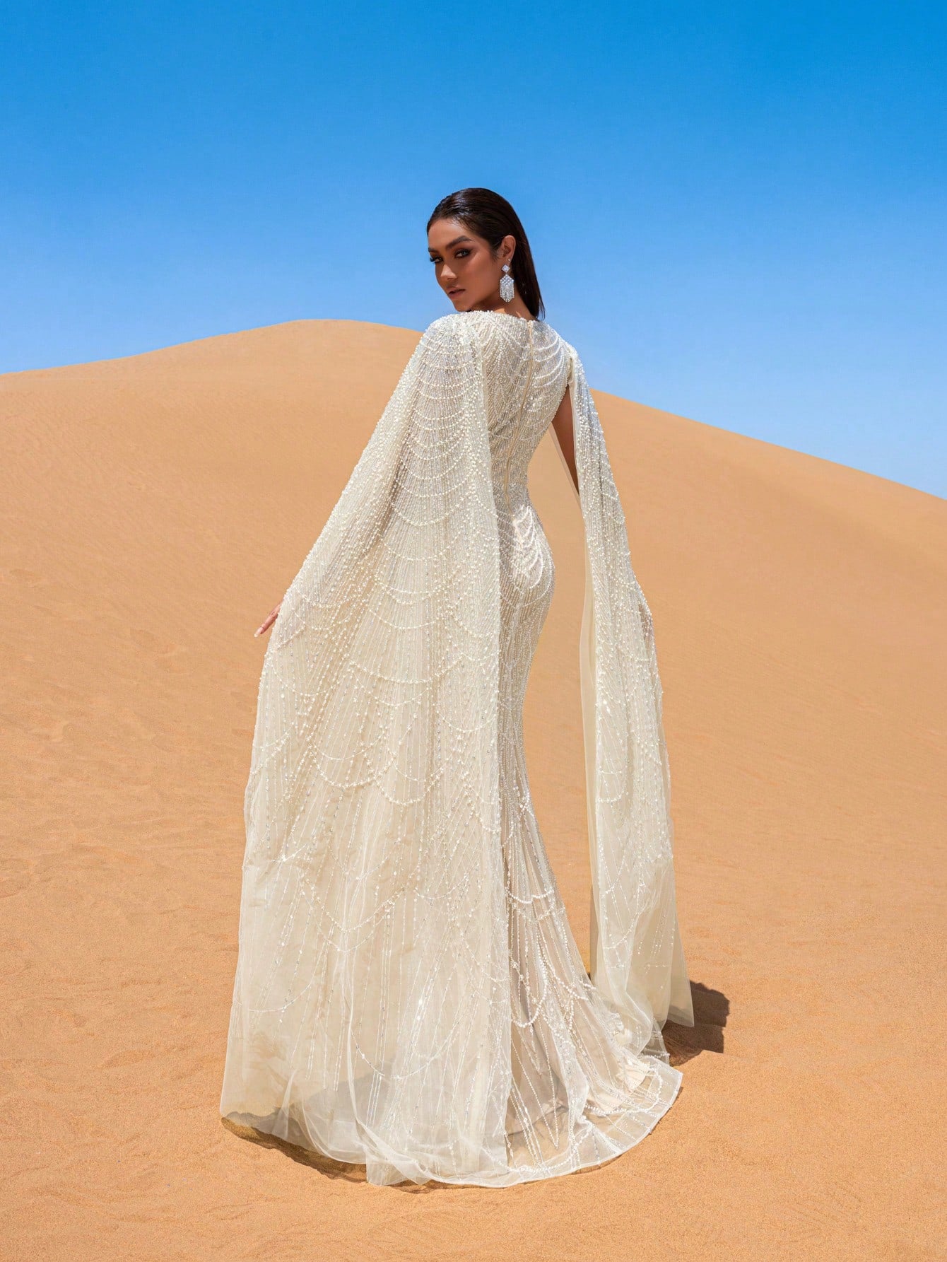 Elegant Beaded V-Neck Mermaid Gown with Floor-Length Sleeves - Autumn Winter Luxury Formal Wear for Red Carpet, Weddings, and Galas