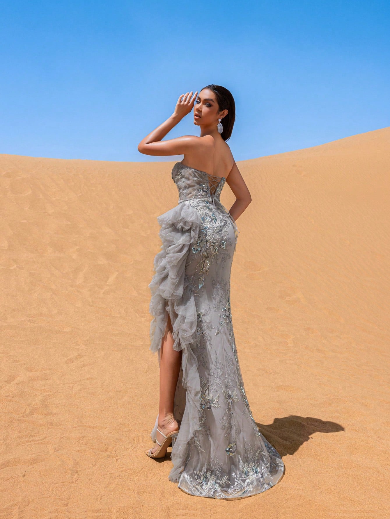 Elegant Strapless Lace-up Back Floral Beaded Formal Party Dresses & Evening Gowns