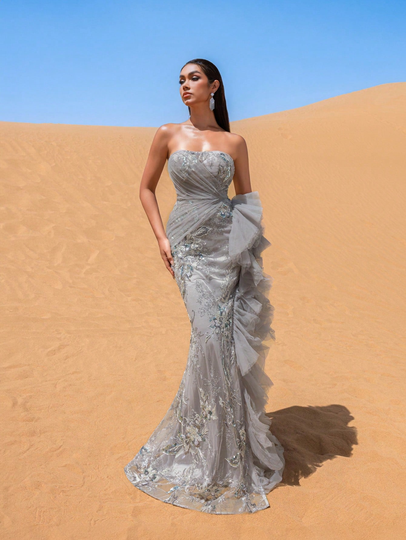 Elegant Strapless Lace-up Back Floral Beaded Formal Party Dresses & Evening Gowns