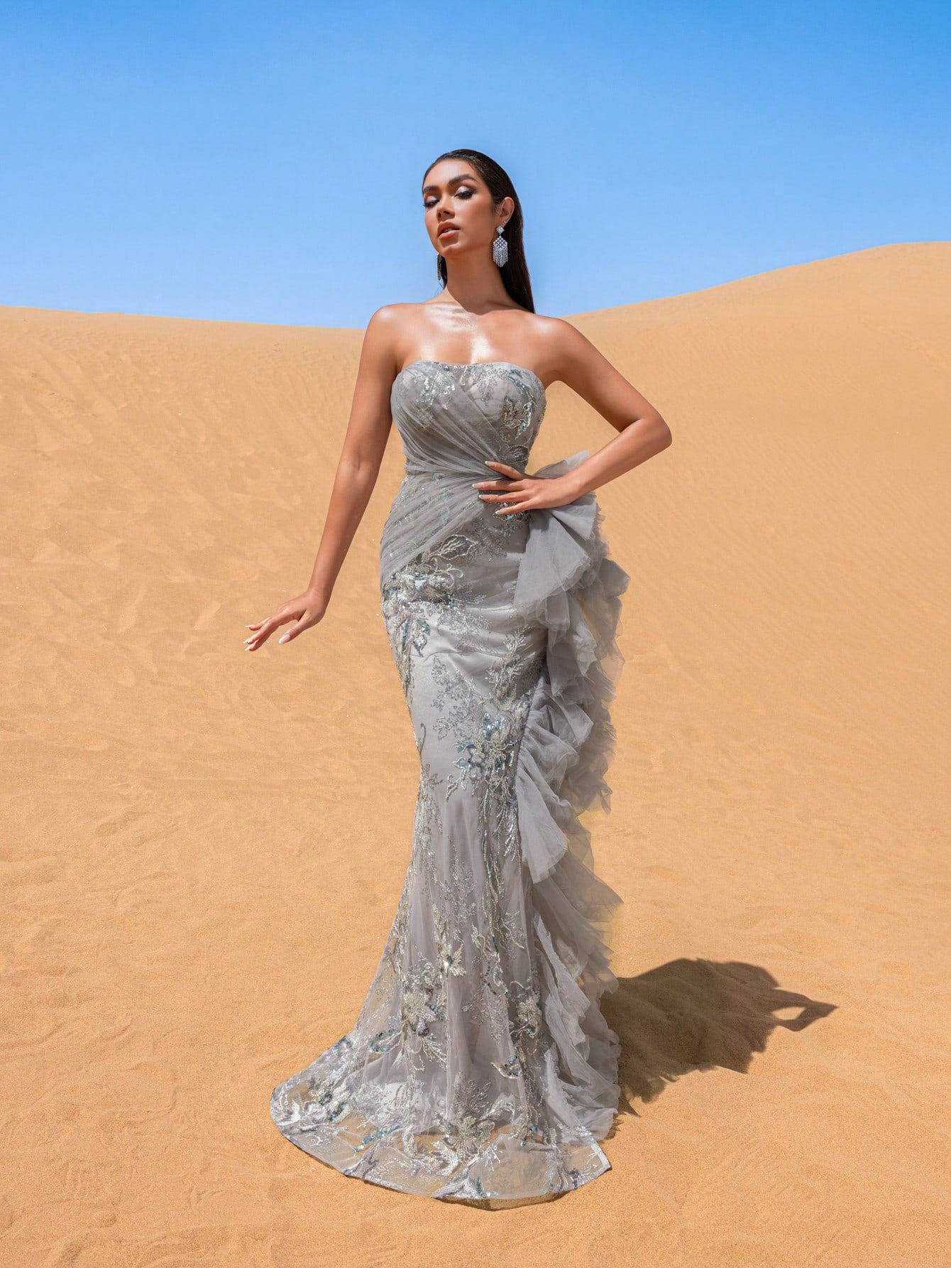 Elegant Strapless Lace-up Back Floral Beaded Formal Party Dresses & Evening Gowns