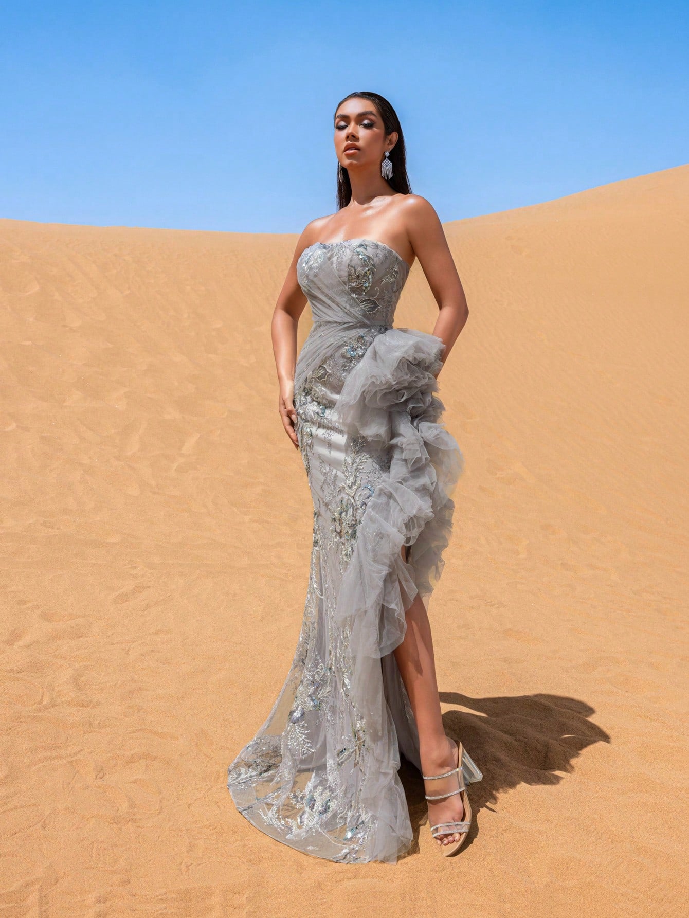 Elegant Strapless Lace-up Back Floral Beaded Formal Party Dresses & Evening Gowns