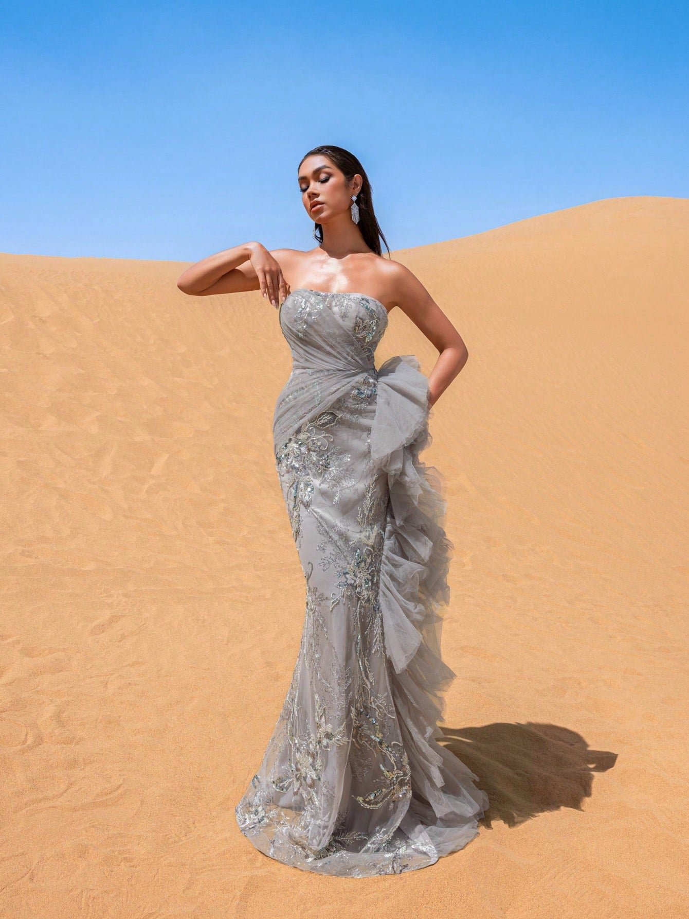 Elegant Strapless Lace-up Back Floral Beaded Formal Party Dresses & Evening Gowns
