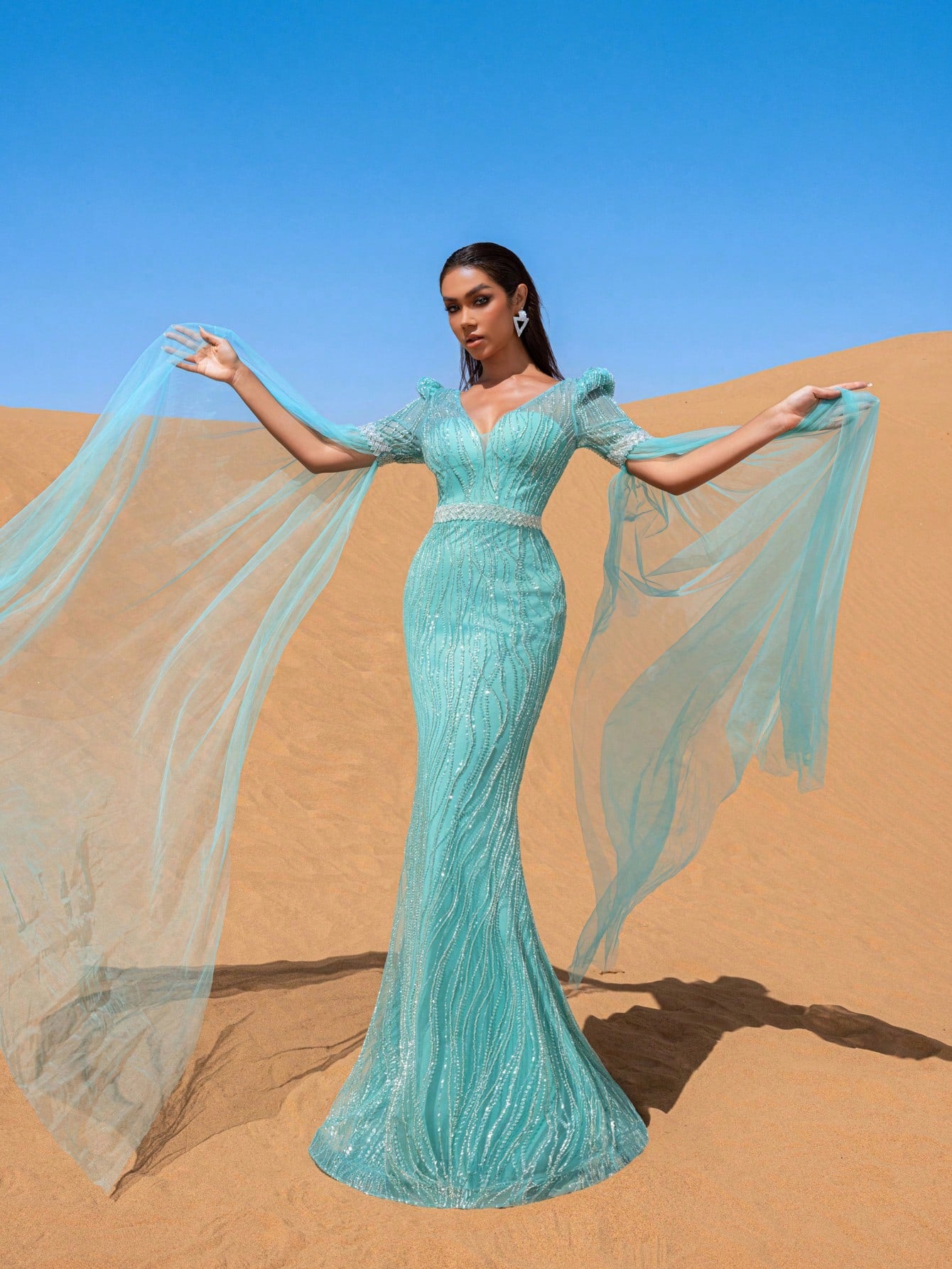 Luxury Plunging Neck Extra-Long Sleeves Beaded Evening Dress