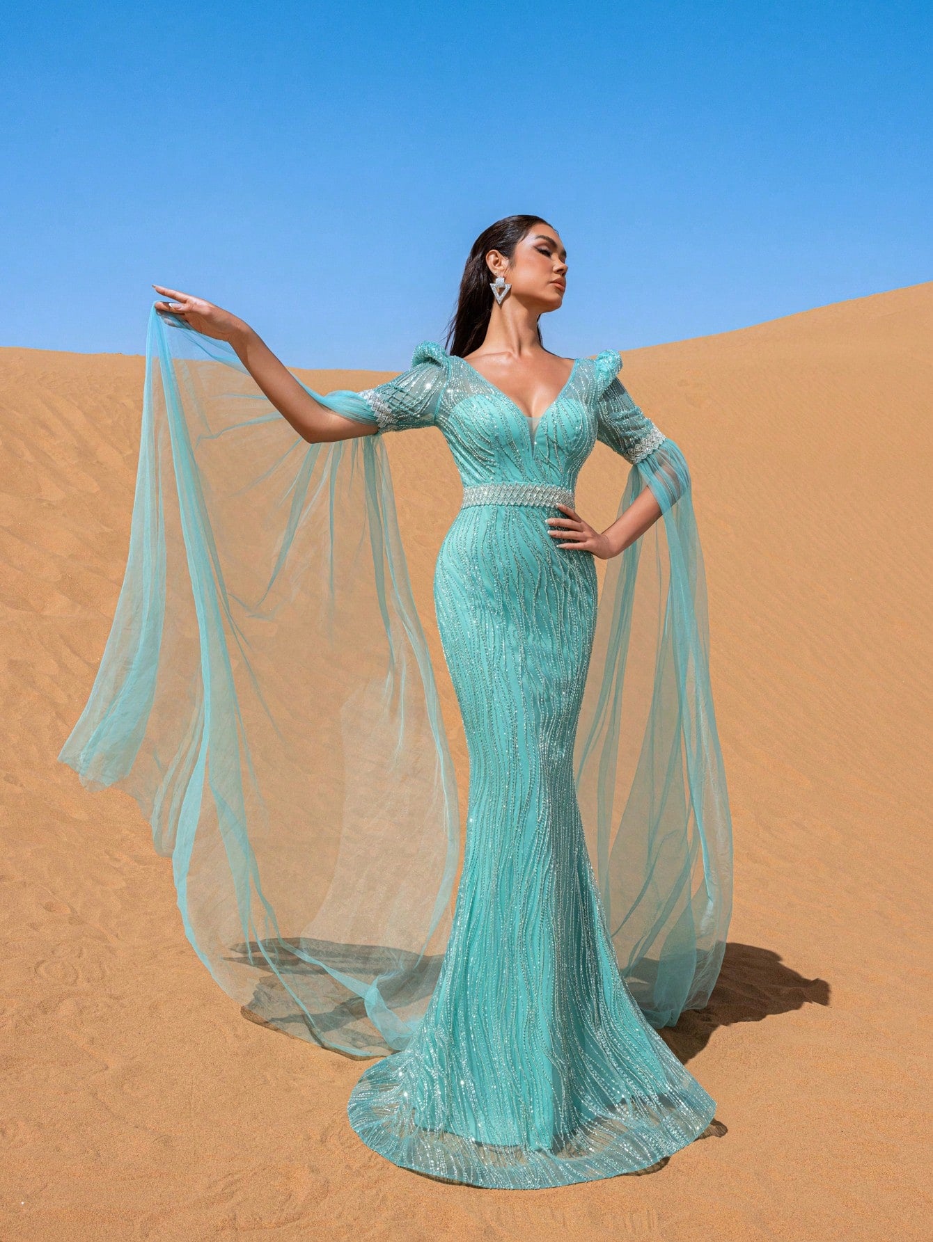 Luxury Plunging Neck Extra-Long Sleeves Beaded Evening Dress