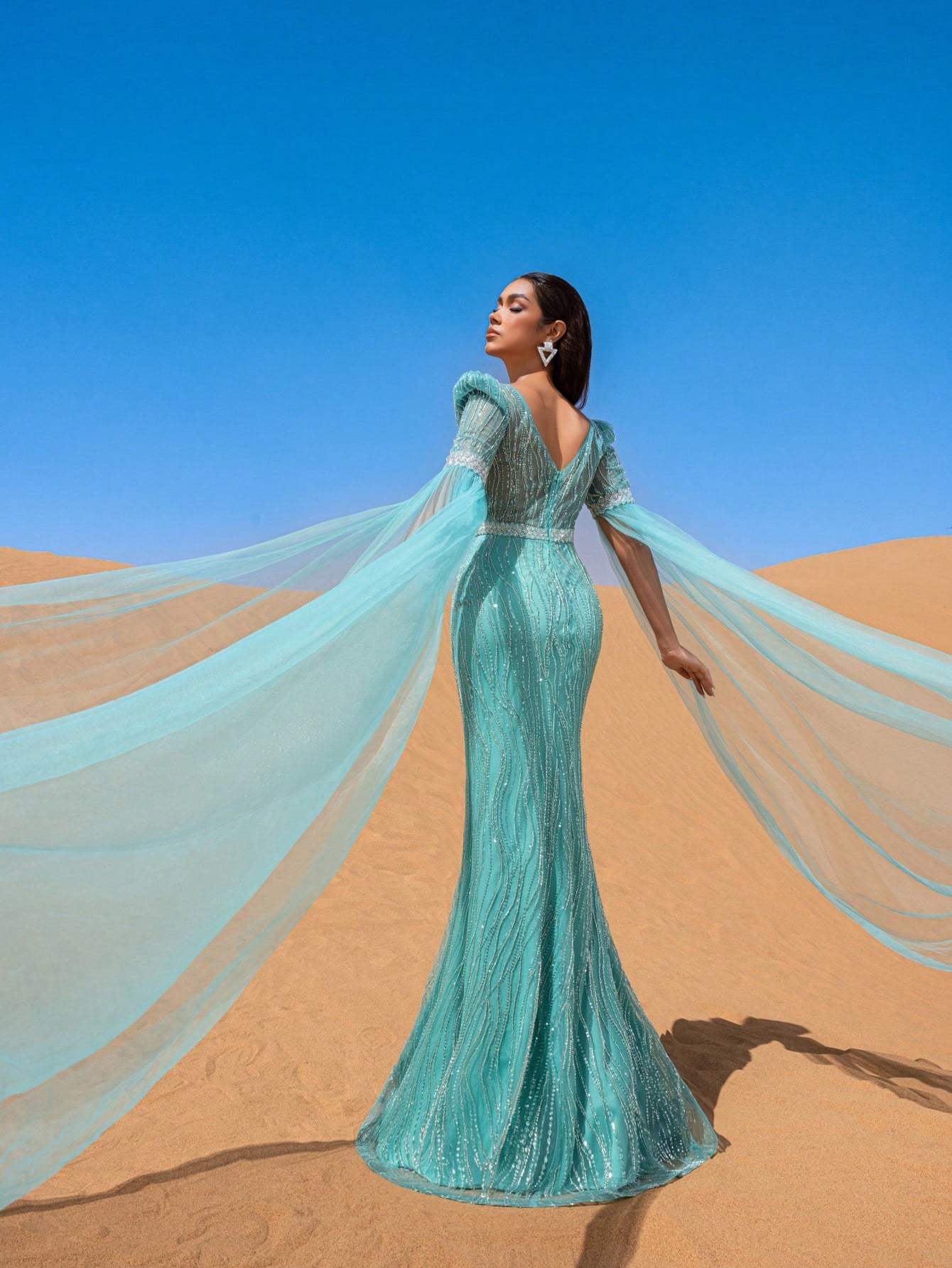Luxury Plunging Neck Extra-Long Sleeves Beaded Evening Dress