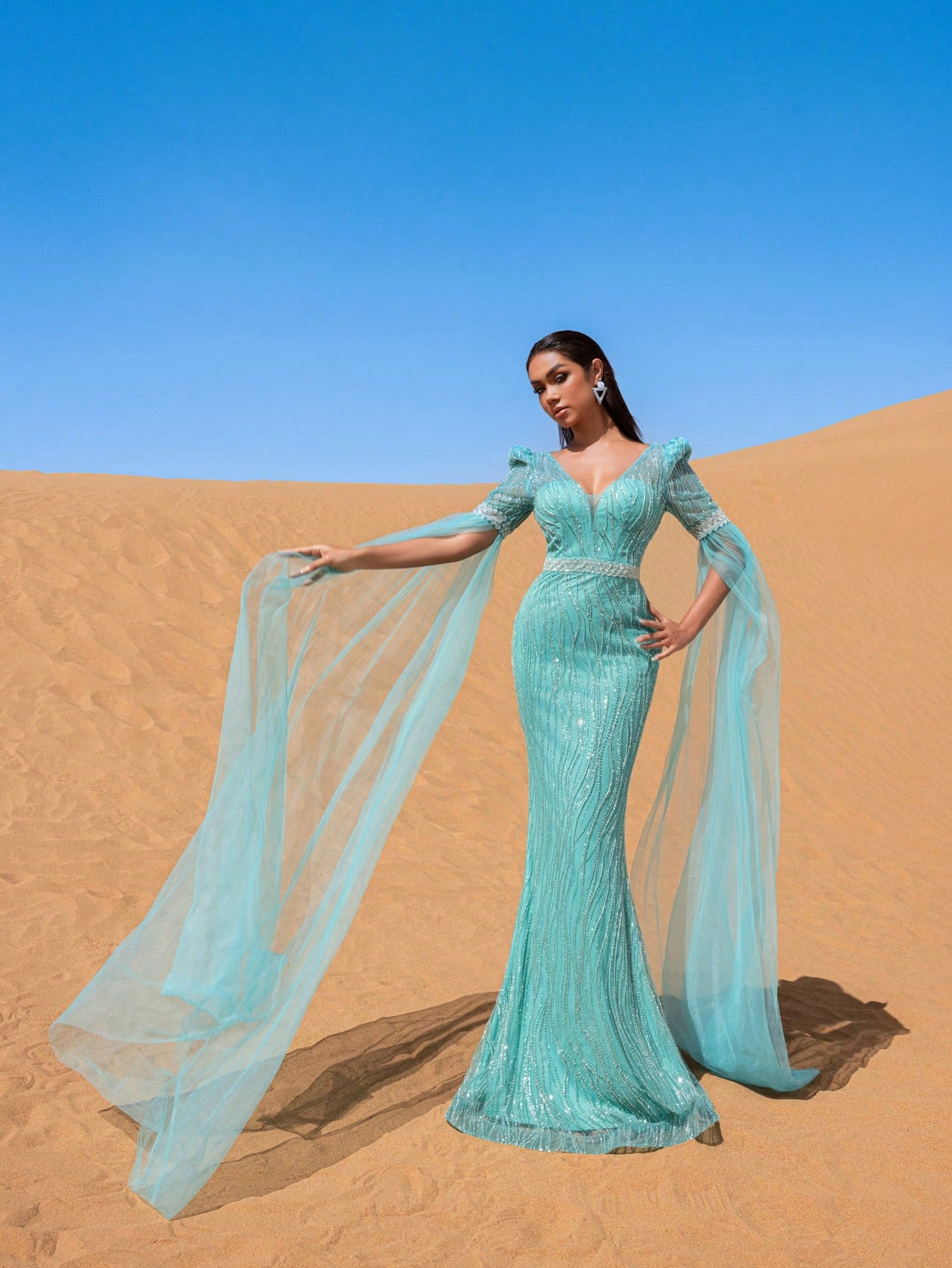 Luxury Plunging Neck Extra-Long Sleeves Beaded Evening Dress